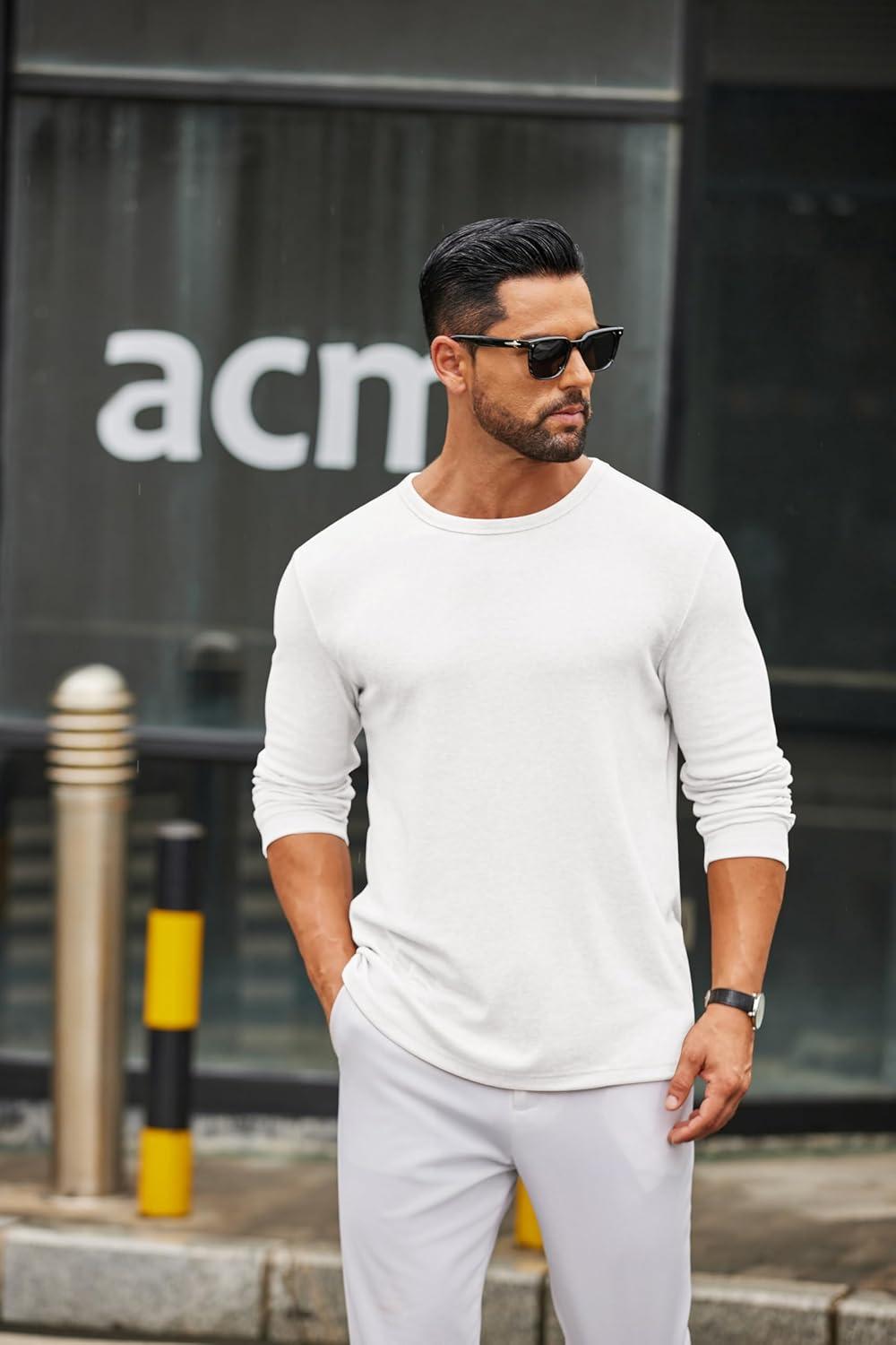 imageCOOFANDY Mens Long Sleeve Tee Shirts Crew Neck T Shirt Solid Casual Basic Tees Soft Stretch TShirtsAll White