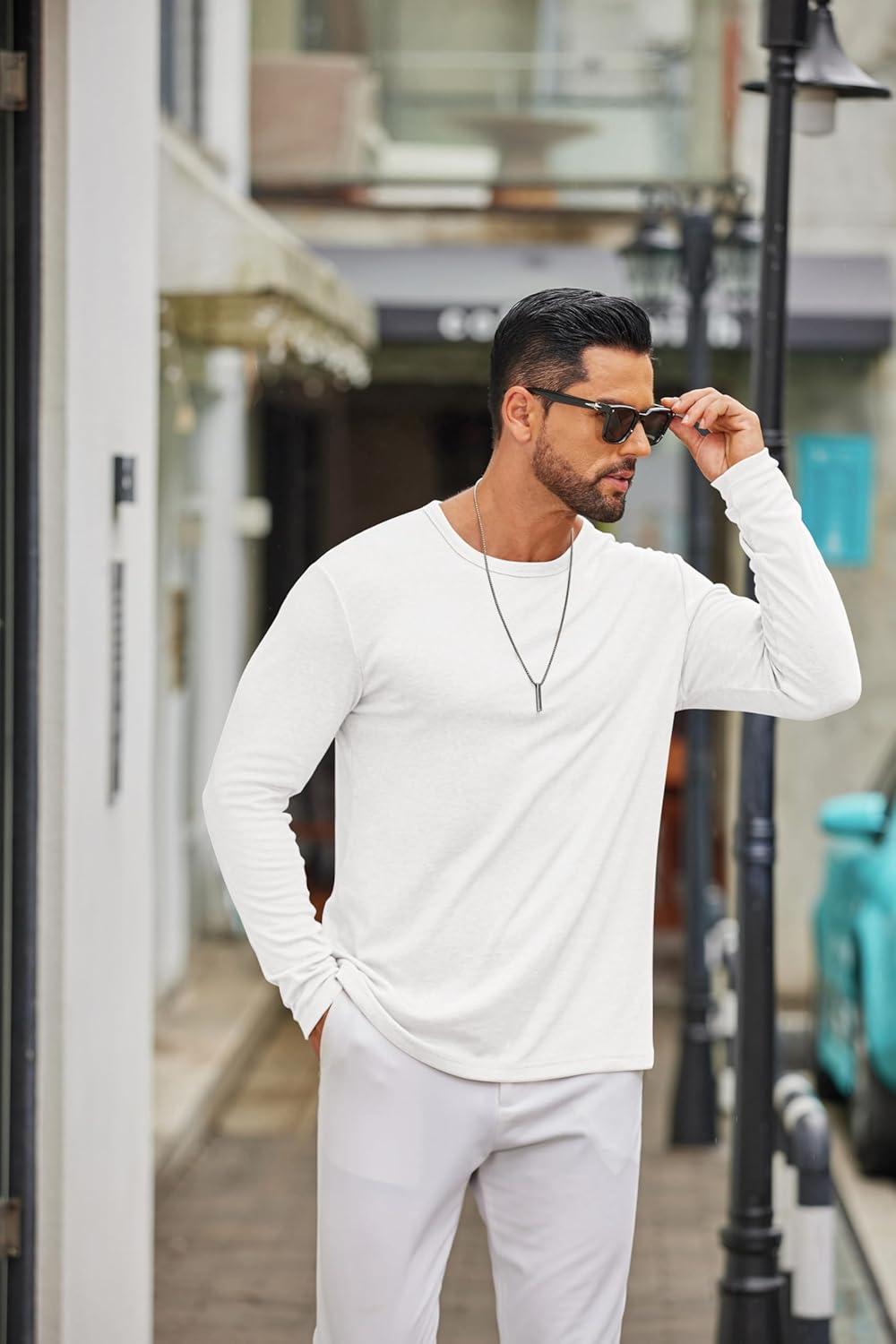 imageCOOFANDY Mens Long Sleeve Tee Shirts Crew Neck T Shirt Solid Casual Basic Tees Soft Stretch TShirtsAll White