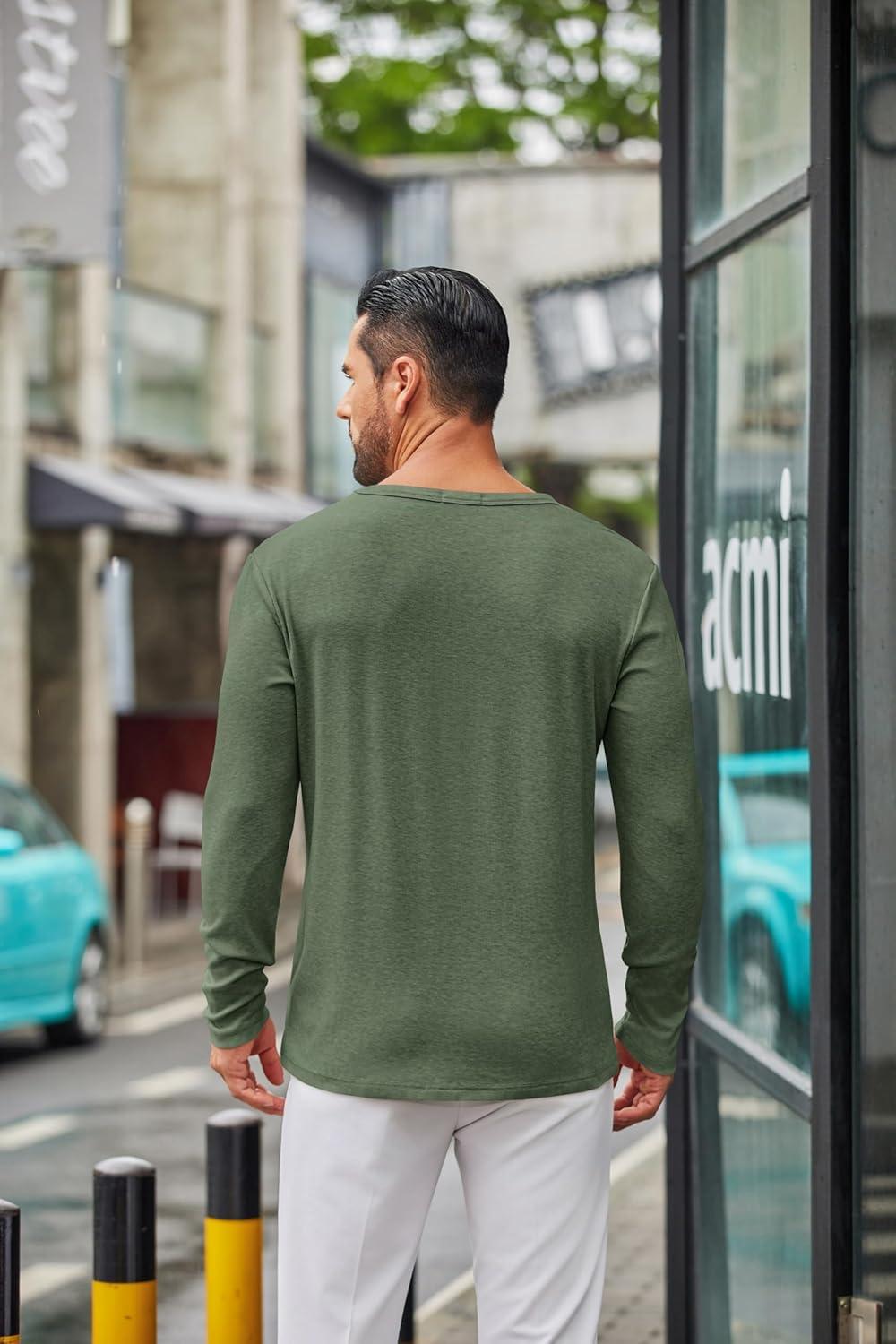imageCOOFANDY Mens Long Sleeve Tee Shirts Crew Neck T Shirt Solid Casual Basic Tees Soft Stretch TShirtsArmy Green