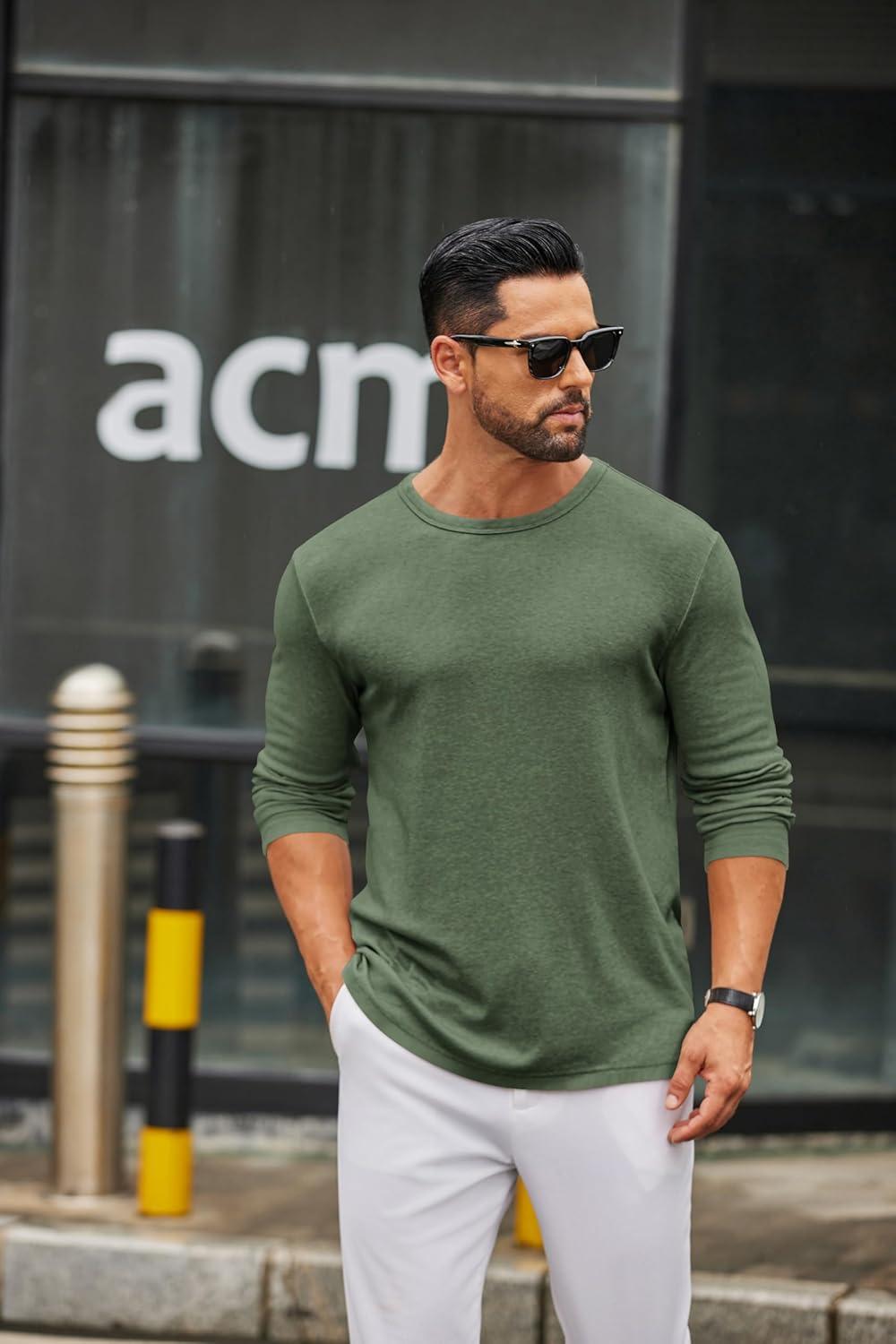 imageCOOFANDY Mens Long Sleeve Tee Shirts Crew Neck T Shirt Solid Casual Basic Tees Soft Stretch TShirtsArmy Green