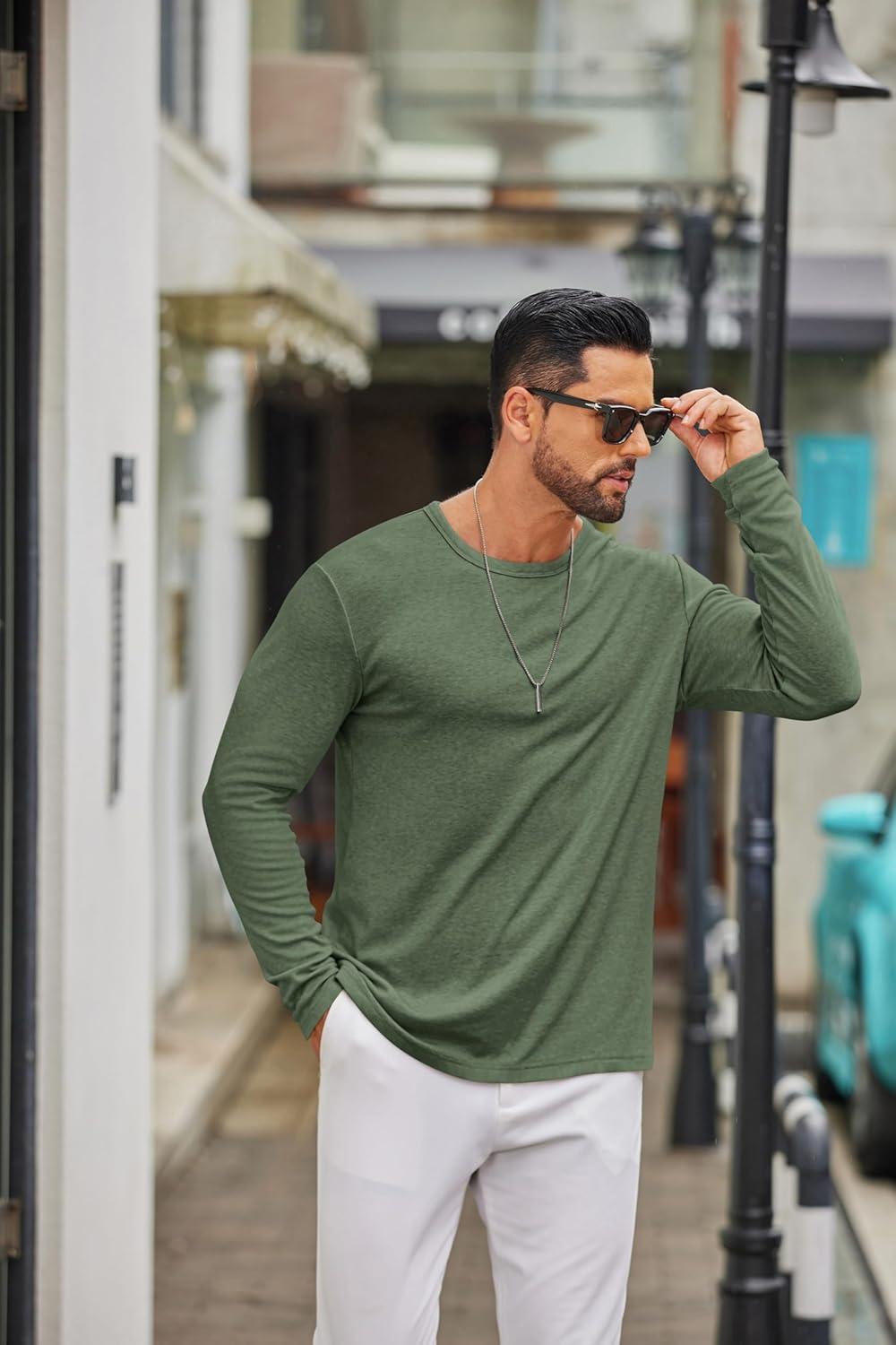 imageCOOFANDY Mens Long Sleeve Tee Shirts Crew Neck T Shirt Solid Casual Basic Tees Soft Stretch TShirtsArmy Green