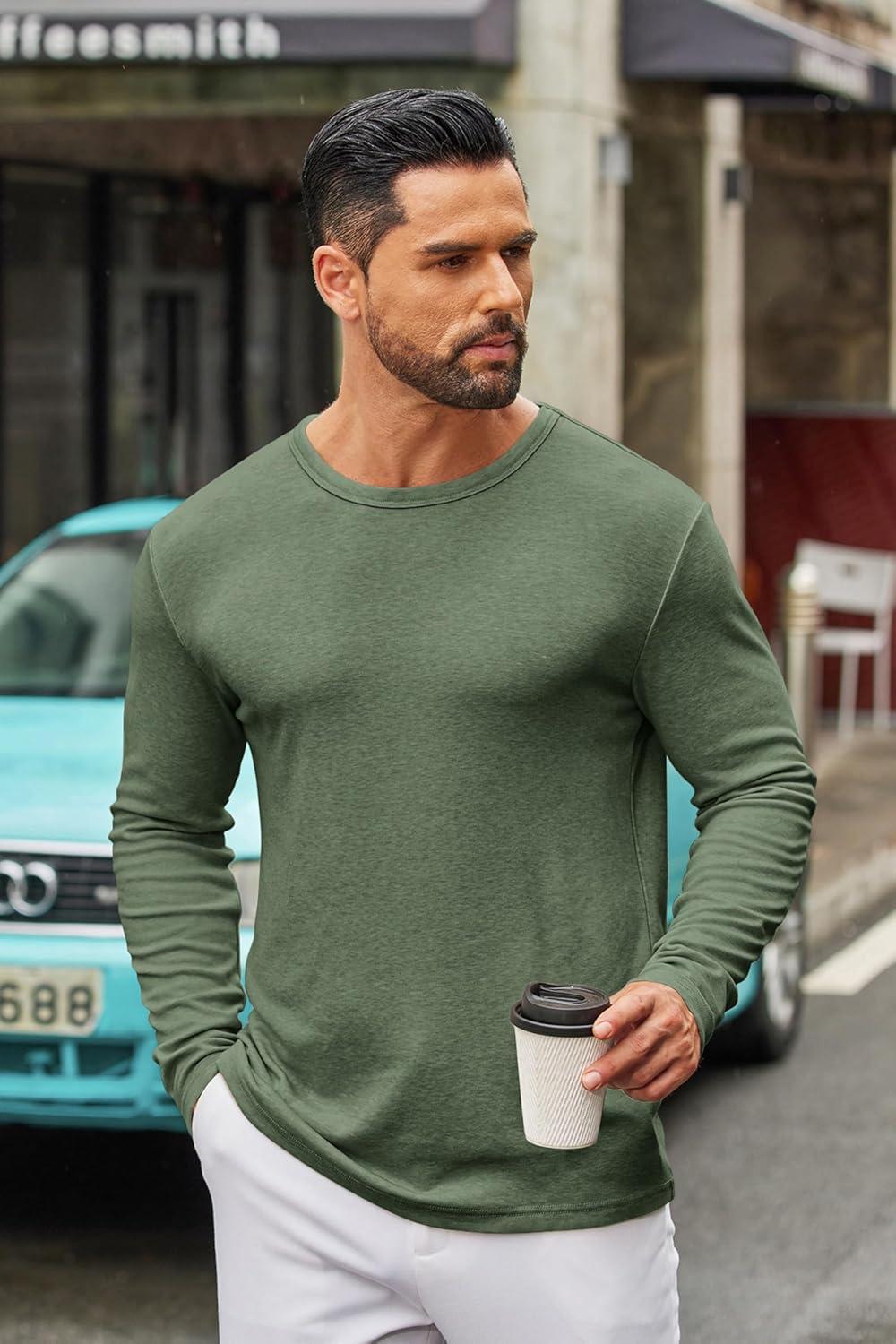 imageCOOFANDY Mens Long Sleeve Tee Shirts Crew Neck T Shirt Solid Casual Basic Tees Soft Stretch TShirtsArmy Green