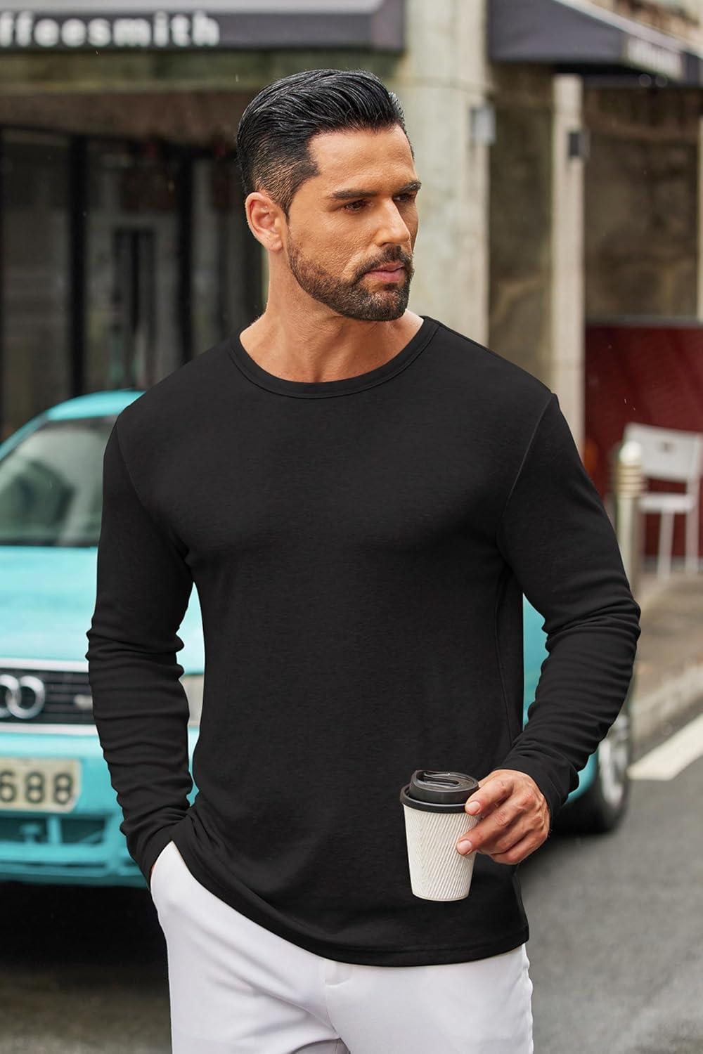 imageCOOFANDY Mens Long Sleeve Tee Shirts Crew Neck T Shirt Solid Casual Basic Tees Soft Stretch TShirtsBlack