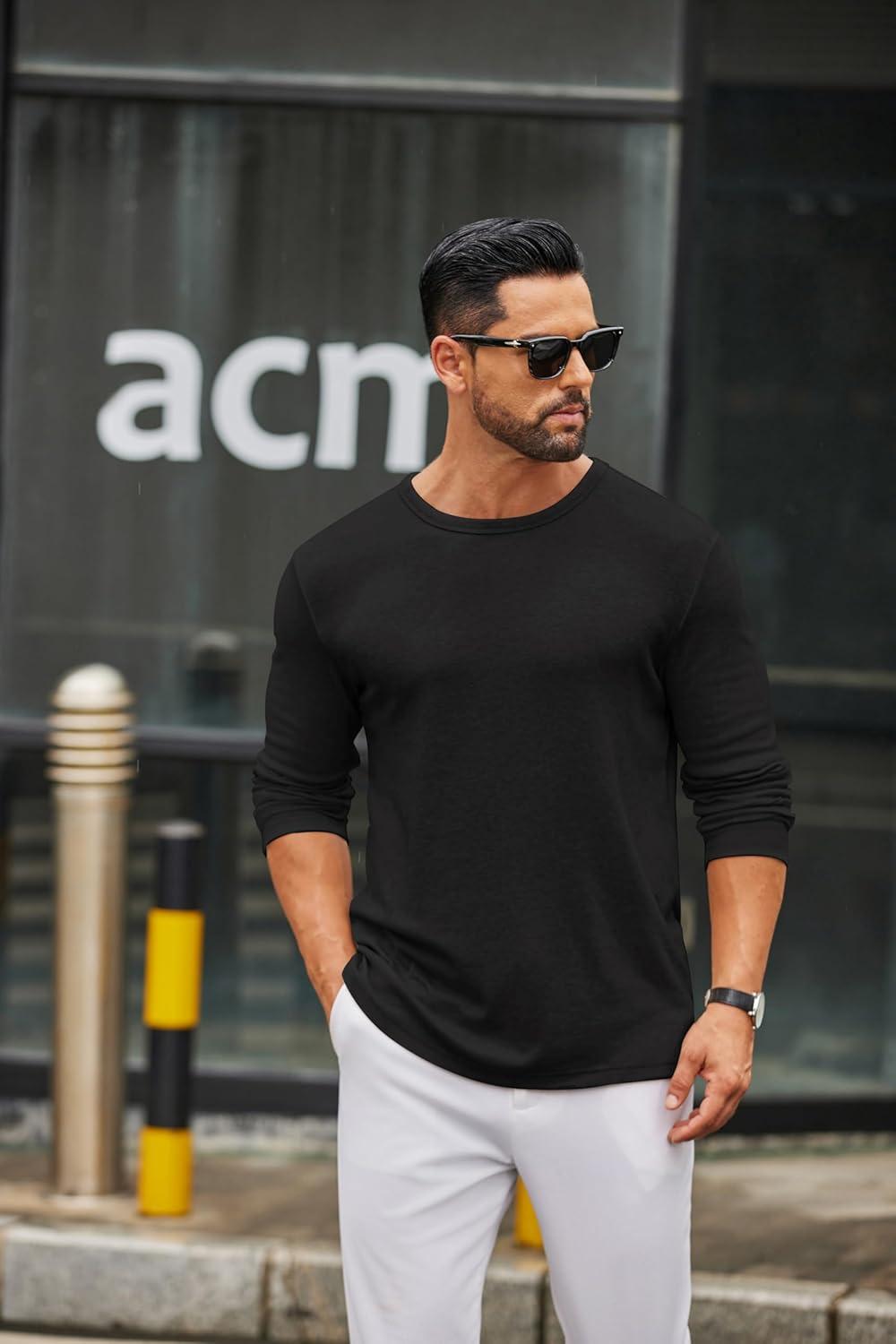imageCOOFANDY Mens Long Sleeve Tee Shirts Crew Neck T Shirt Solid Casual Basic Tees Soft Stretch TShirtsBlack