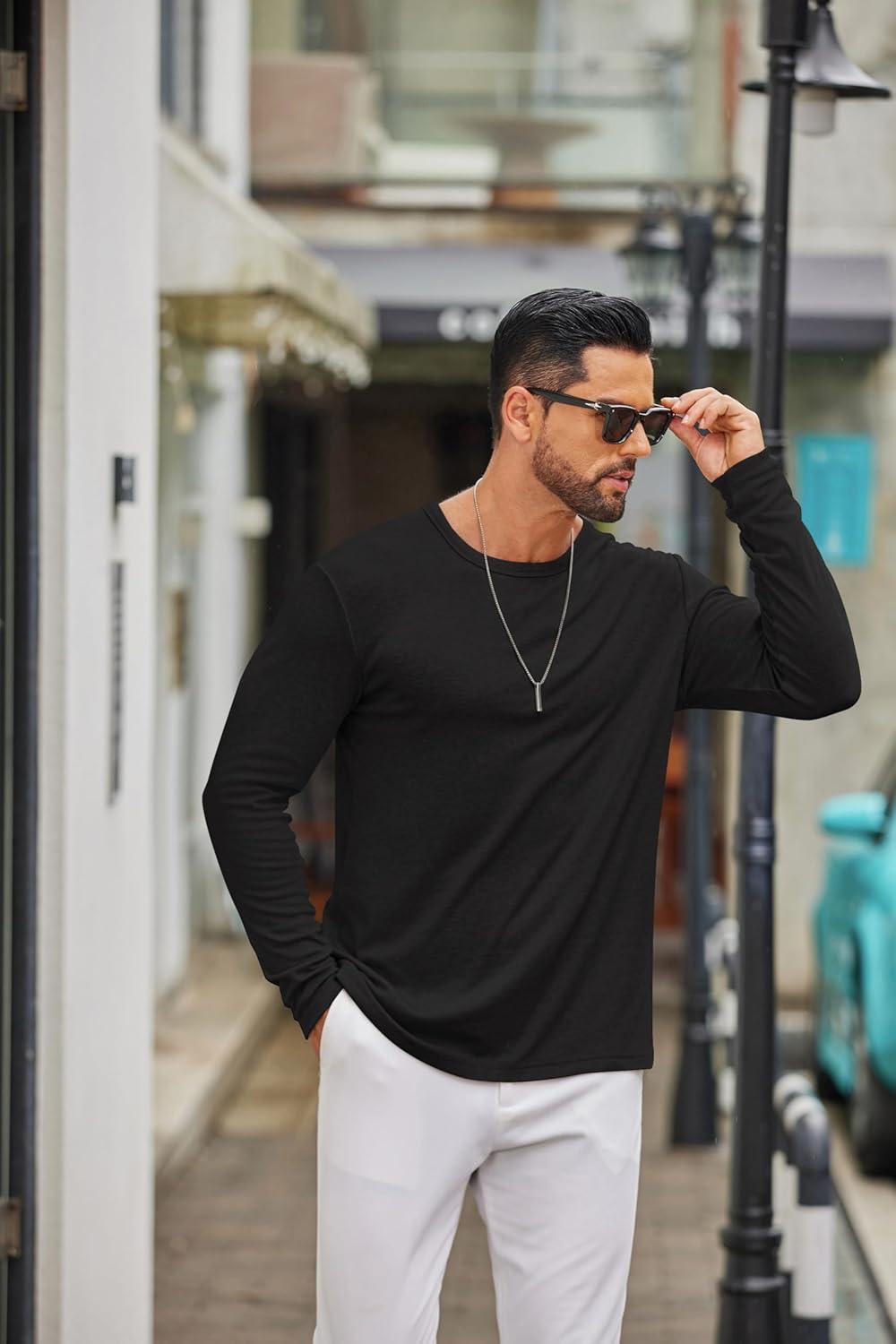 imageCOOFANDY Mens Long Sleeve Tee Shirts Crew Neck T Shirt Solid Casual Basic Tees Soft Stretch TShirtsBlack