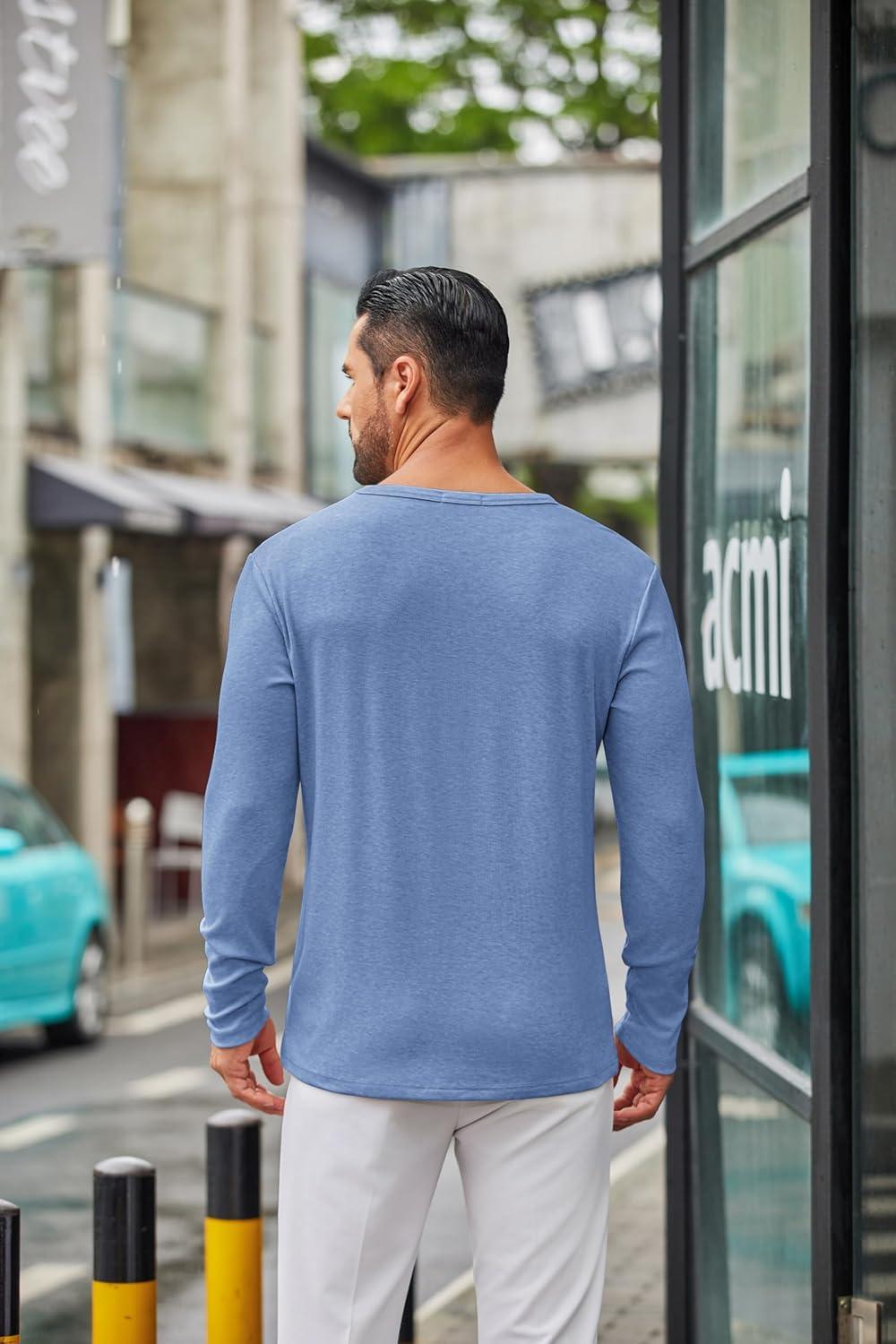imageCOOFANDY Mens Long Sleeve Tee Shirts Crew Neck T Shirt Solid Casual Basic Tees Soft Stretch TShirtsBlue