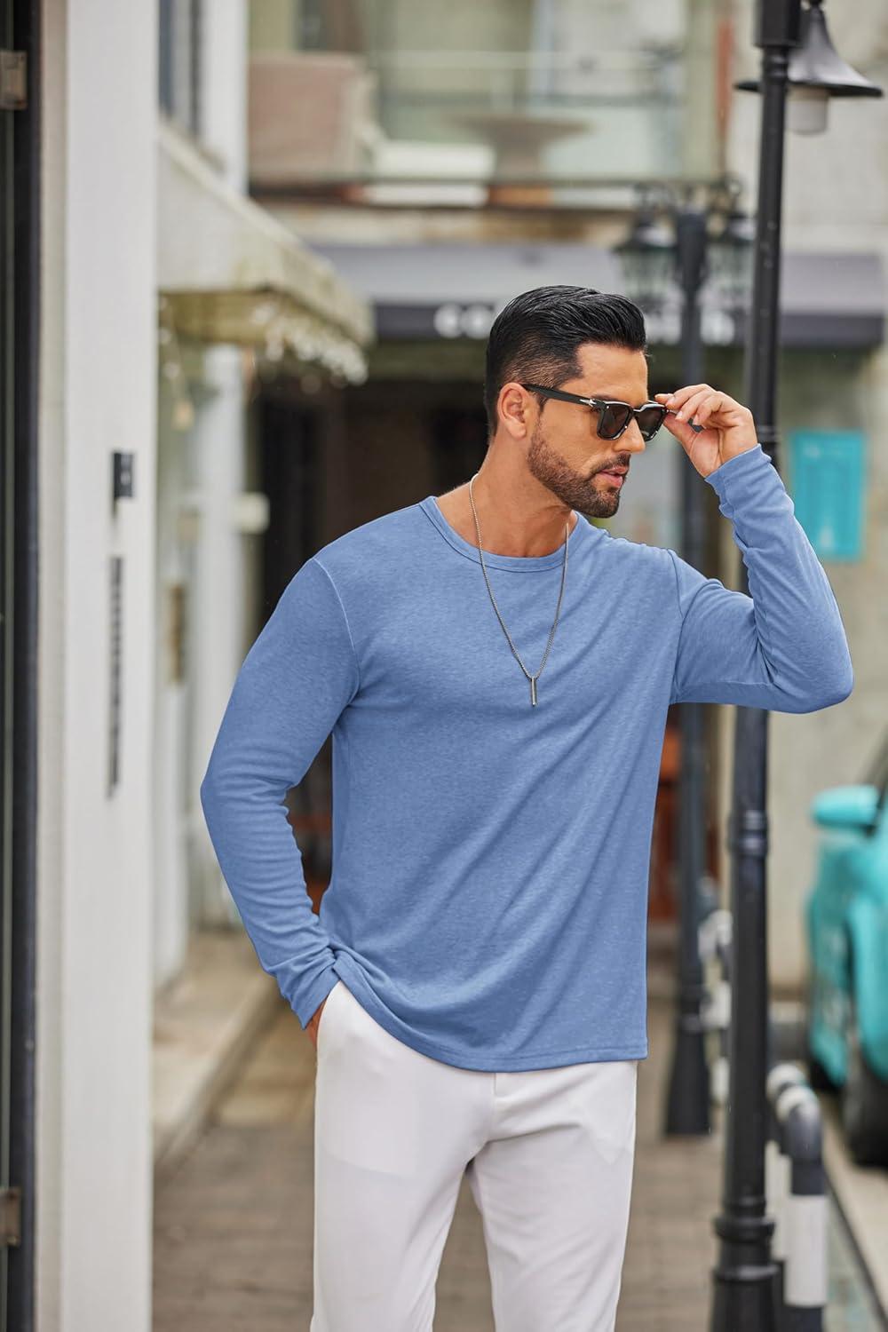 imageCOOFANDY Mens Long Sleeve Tee Shirts Crew Neck T Shirt Solid Casual Basic Tees Soft Stretch TShirtsBlue
