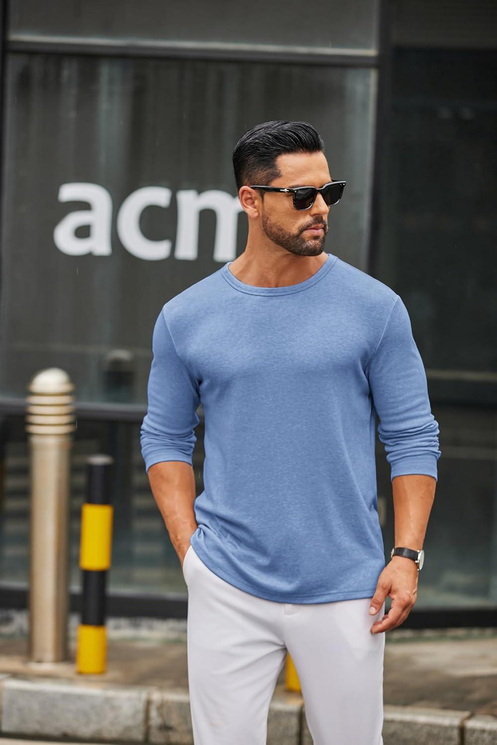 imageCOOFANDY Mens Long Sleeve Tee Shirts Crew Neck T Shirt Solid Casual Basic Tees Soft Stretch TShirtsBlue