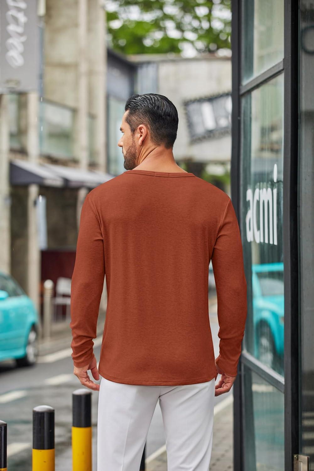 imageCOOFANDY Mens Long Sleeve Tee Shirts Crew Neck T Shirt Solid Casual Basic Tees Soft Stretch TShirtsCaramel