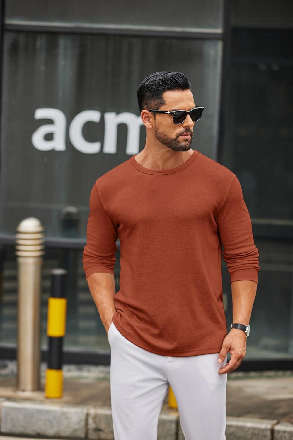 imageCOOFANDY Mens Long Sleeve Tee Shirts Crew Neck T Shirt Solid Casual Basic Tees Soft Stretch TShirtsCaramel