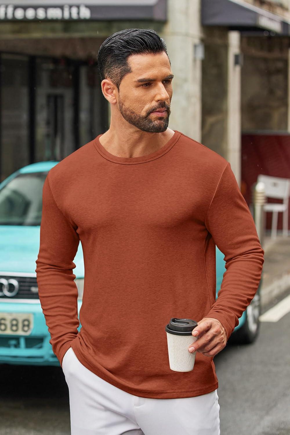 imageCOOFANDY Mens Long Sleeve Tee Shirts Crew Neck T Shirt Solid Casual Basic Tees Soft Stretch TShirtsCaramel