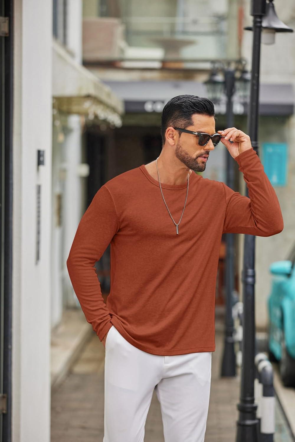 imageCOOFANDY Mens Long Sleeve Tee Shirts Crew Neck T Shirt Solid Casual Basic Tees Soft Stretch TShirtsCaramel
