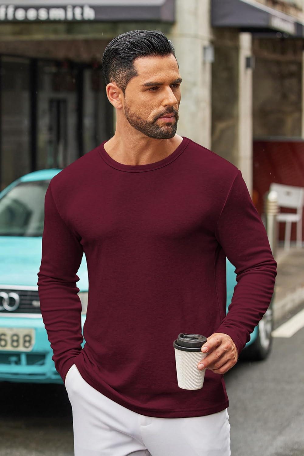 imageCOOFANDY Mens Long Sleeve Tee Shirts Crew Neck T Shirt Solid Casual Basic Tees Soft Stretch TShirtsHeather Burgundy