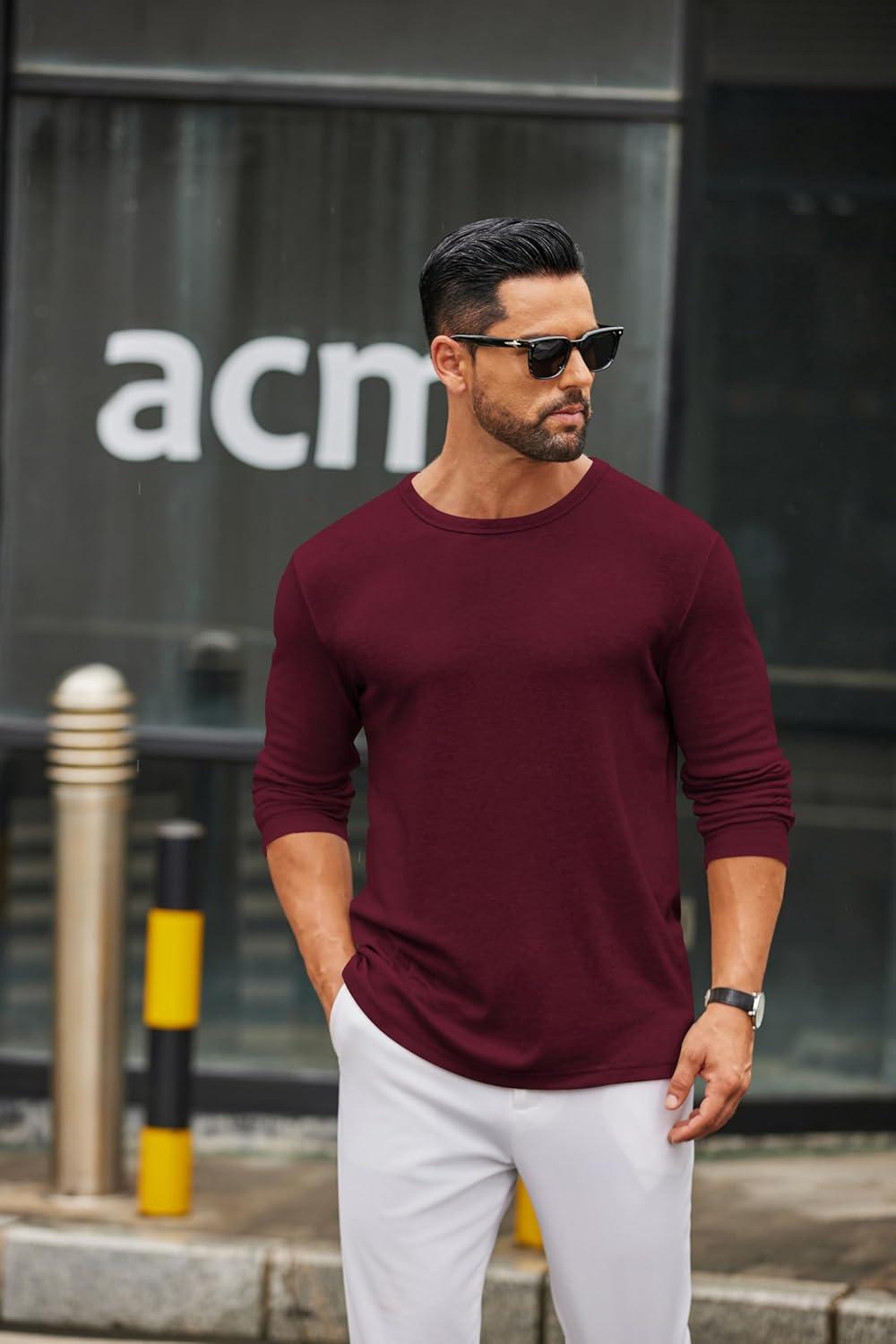 imageCOOFANDY Mens Long Sleeve Tee Shirts Crew Neck T Shirt Solid Casual Basic Tees Soft Stretch TShirtsHeather Burgundy