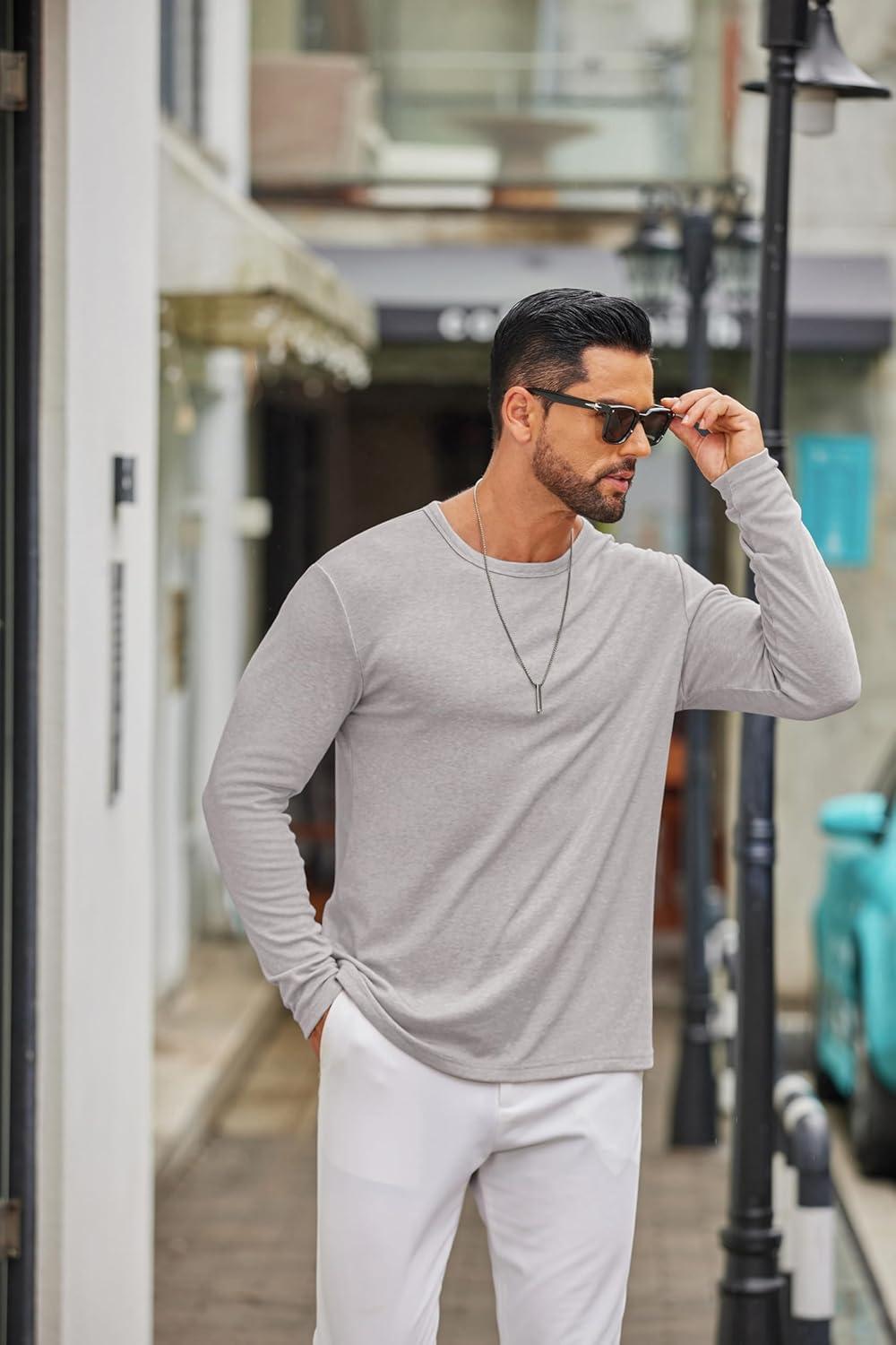 imageCOOFANDY Mens Long Sleeve Tee Shirts Crew Neck T Shirt Solid Casual Basic Tees Soft Stretch TShirtsLight Grey