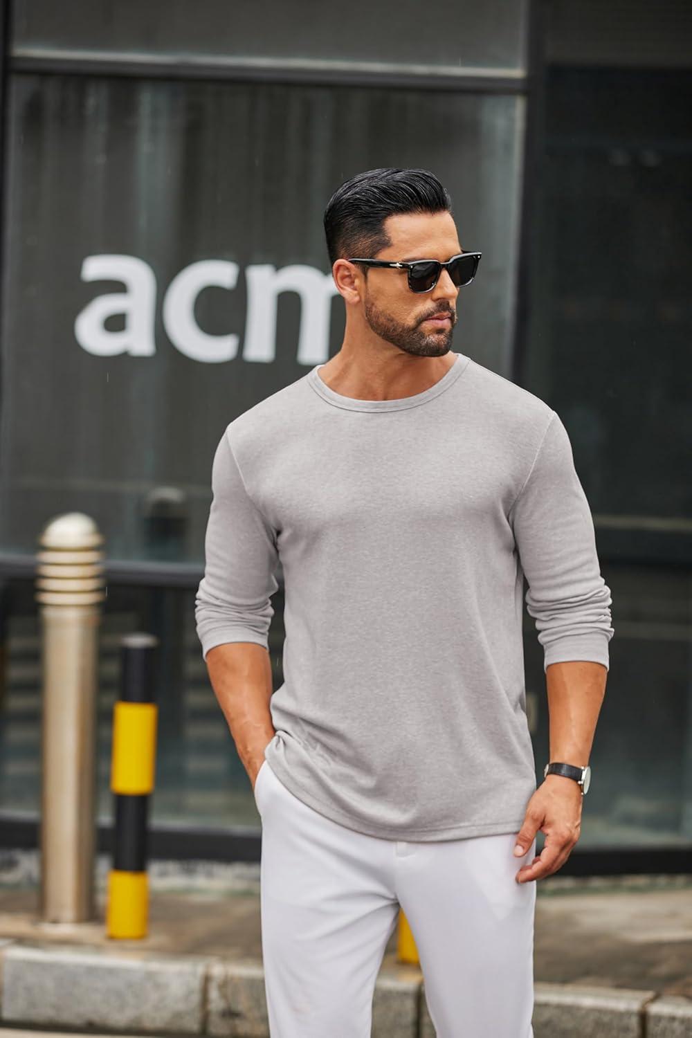 imageCOOFANDY Mens Long Sleeve Tee Shirts Crew Neck T Shirt Solid Casual Basic Tees Soft Stretch TShirtsLight Grey