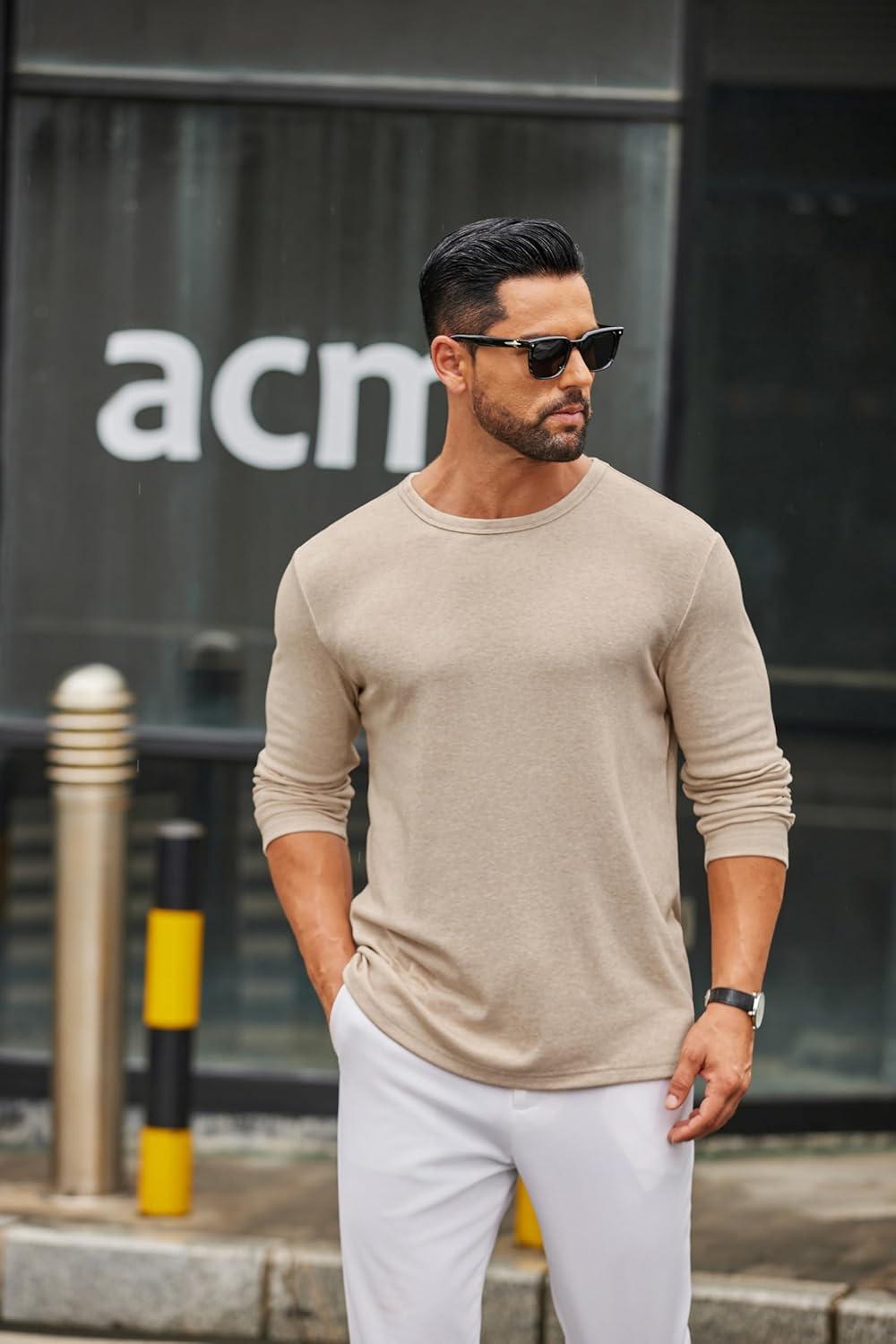 imageCOOFANDY Mens Long Sleeve Tee Shirts Crew Neck T Shirt Solid Casual Basic Tees Soft Stretch TShirtsLight Khaki