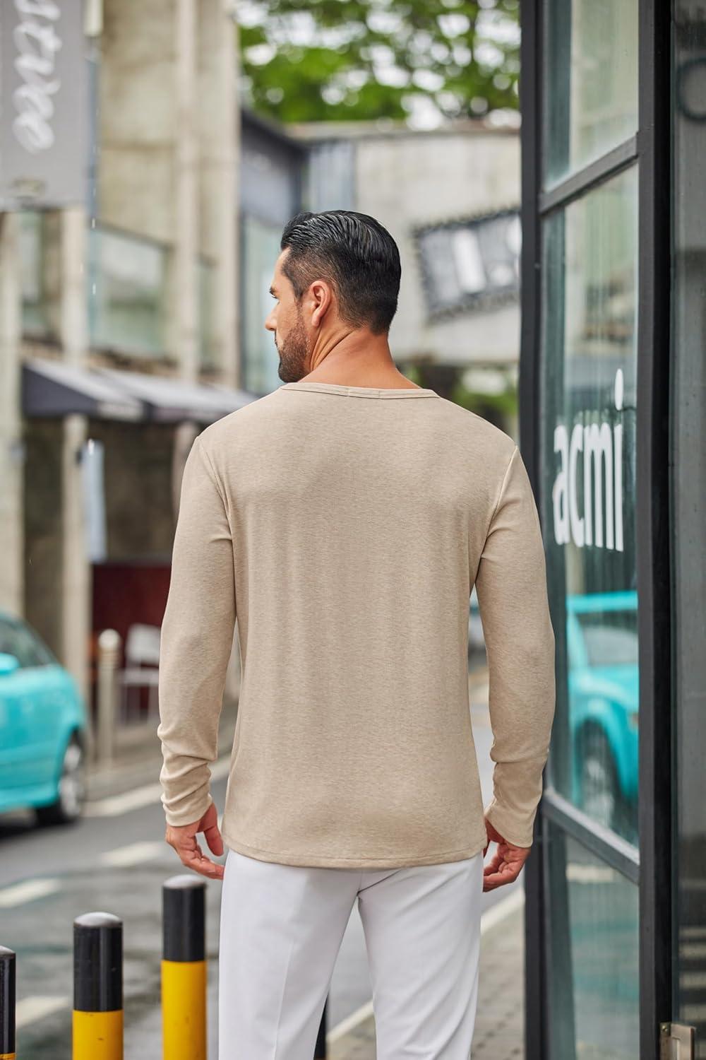 imageCOOFANDY Mens Long Sleeve Tee Shirts Crew Neck T Shirt Solid Casual Basic Tees Soft Stretch TShirtsLight Khaki