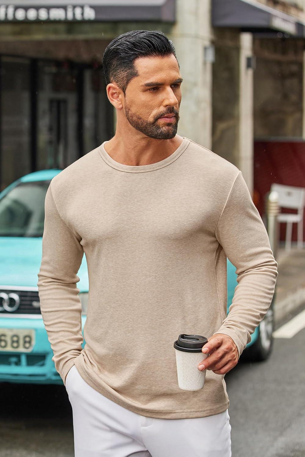 imageCOOFANDY Mens Long Sleeve Tee Shirts Crew Neck T Shirt Solid Casual Basic Tees Soft Stretch TShirtsLight Khaki