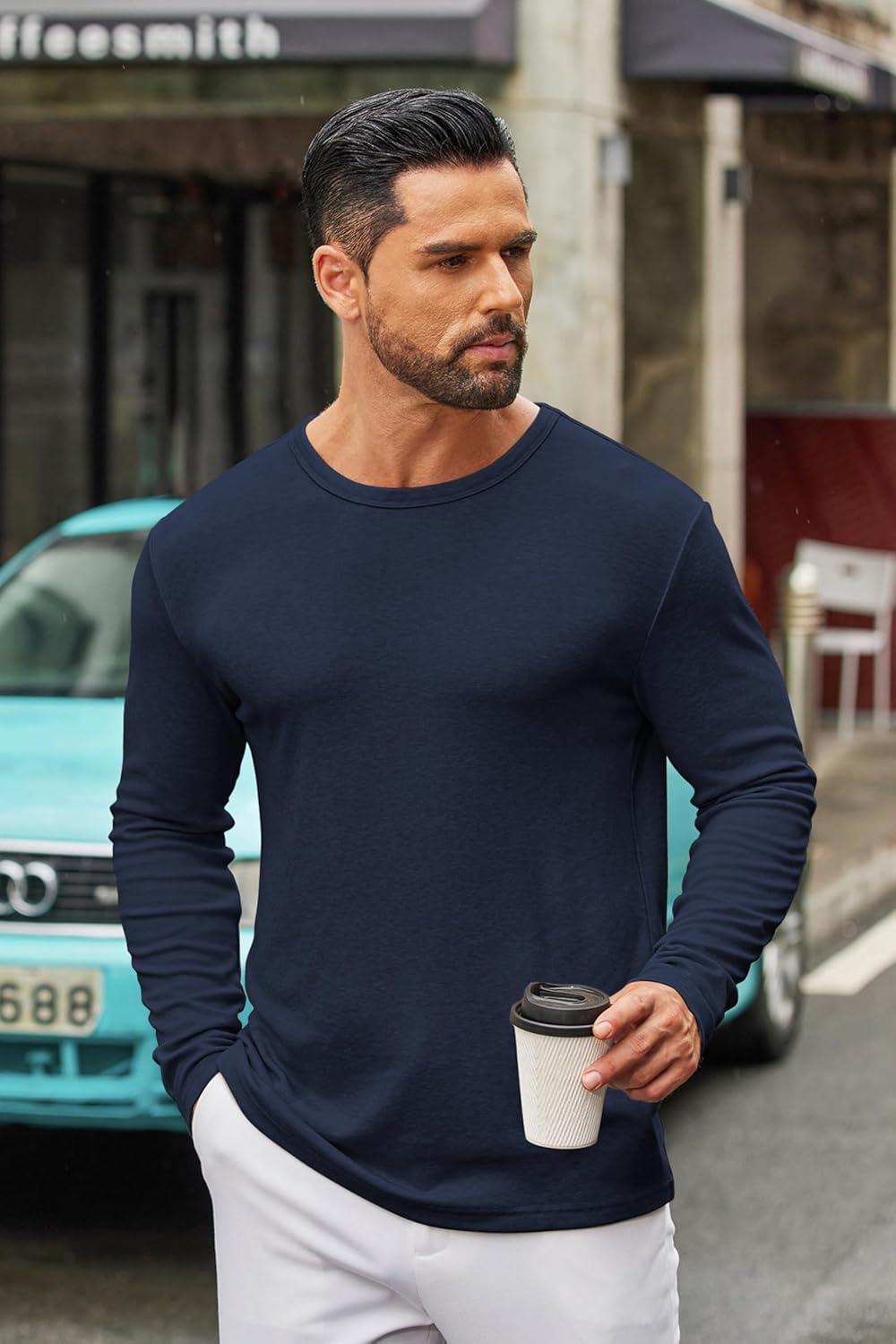 imageCOOFANDY Mens Long Sleeve Tee Shirts Crew Neck T Shirt Solid Casual Basic Tees Soft Stretch TShirtsNavy Blue