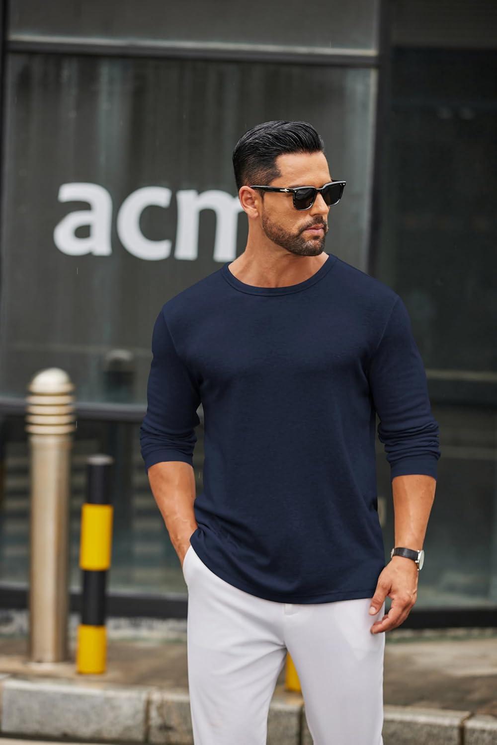 imageCOOFANDY Mens Long Sleeve Tee Shirts Crew Neck T Shirt Solid Casual Basic Tees Soft Stretch TShirtsNavy Blue