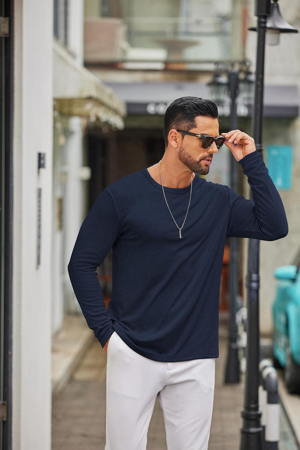 imageCOOFANDY Mens Long Sleeve Tee Shirts Crew Neck T Shirt Solid Casual Basic Tees Soft Stretch TShirtsNavy Blue