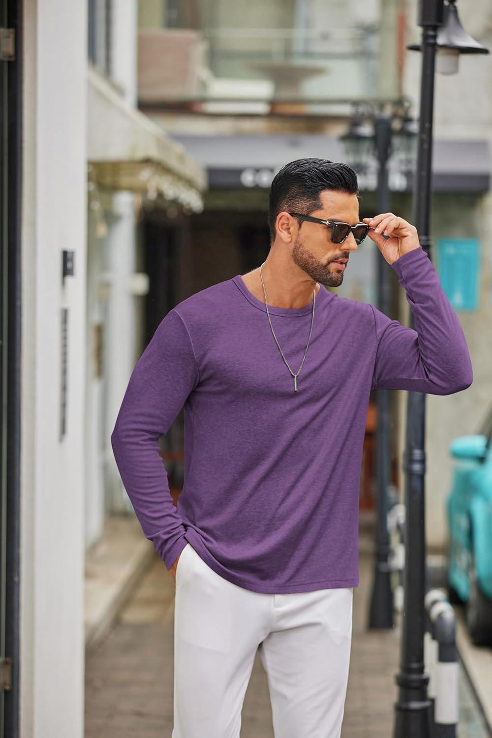 imageCOOFANDY Mens Long Sleeve Tee Shirts Crew Neck T Shirt Solid Casual Basic Tees Soft Stretch TShirtsPurple