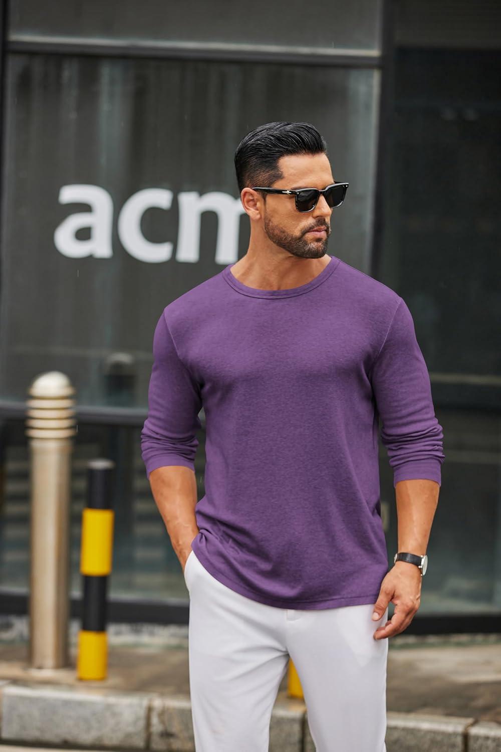 imageCOOFANDY Mens Long Sleeve Tee Shirts Crew Neck T Shirt Solid Casual Basic Tees Soft Stretch TShirtsPurple