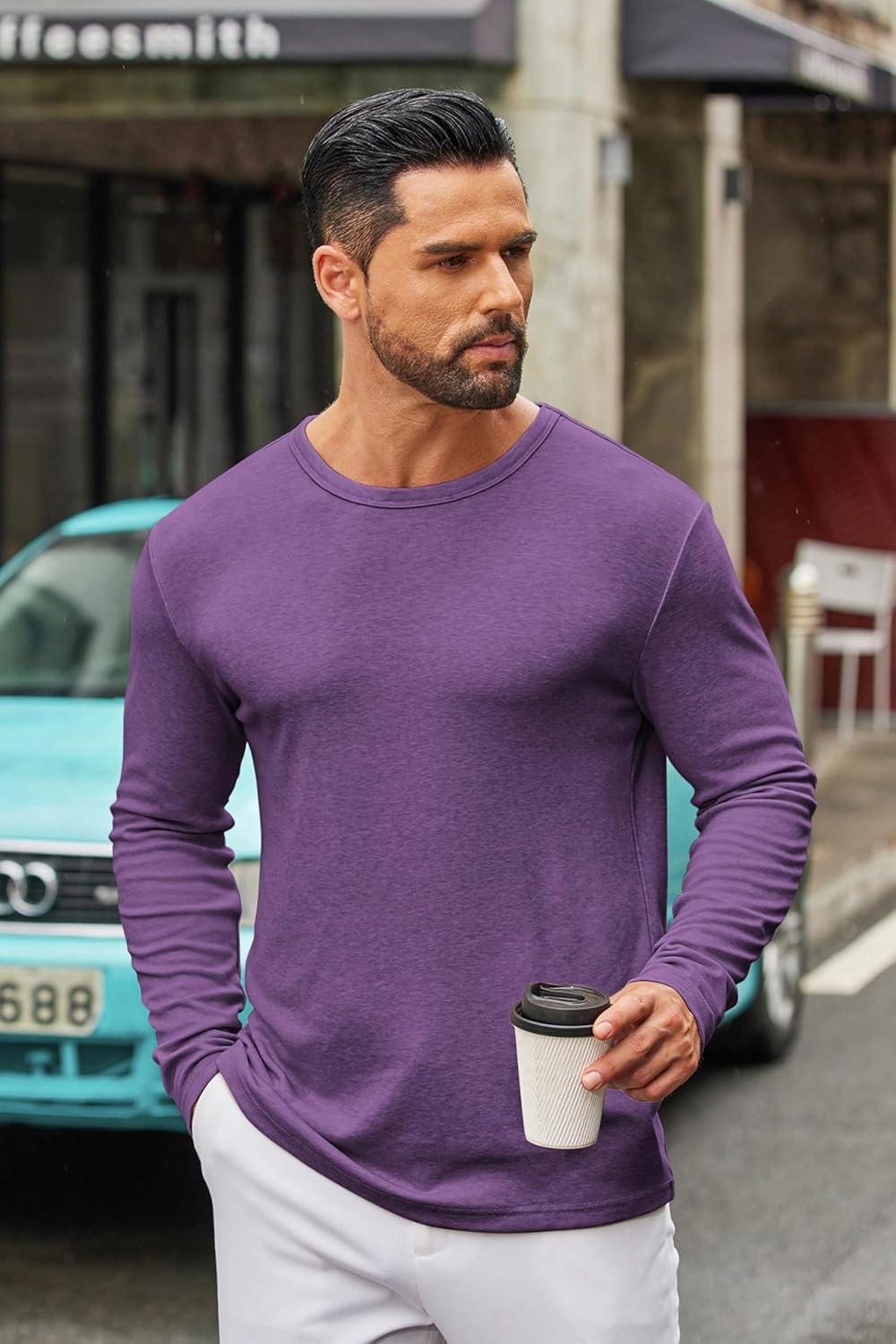 imageCOOFANDY Mens Long Sleeve Tee Shirts Crew Neck T Shirt Solid Casual Basic Tees Soft Stretch TShirtsPurple