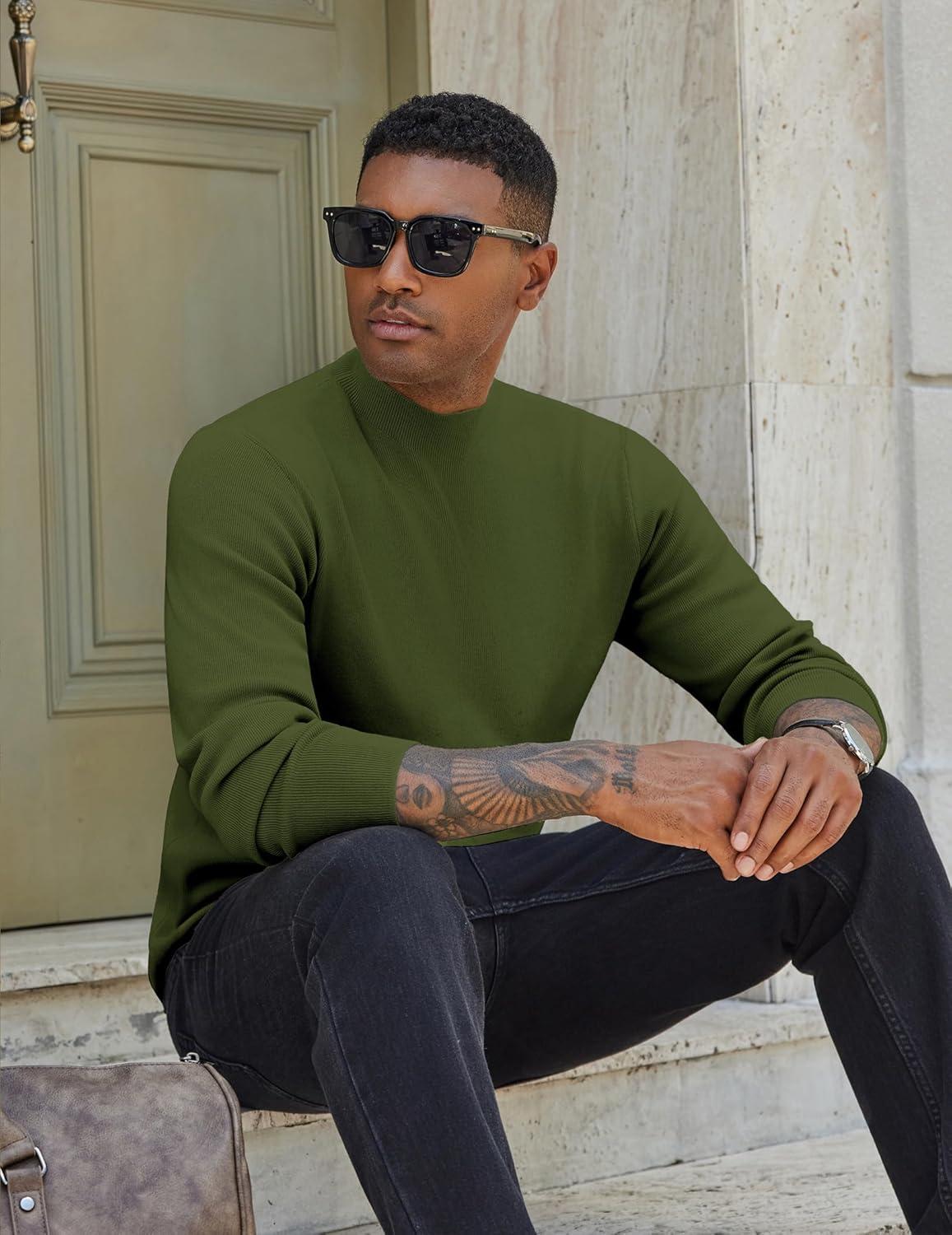 imageCOOFANDY Mens Mock Turtleneck Sweater Long Sleeve Basic Thermal Undershirt Slim Fit Lightweight Pullover SweatersArmy Green