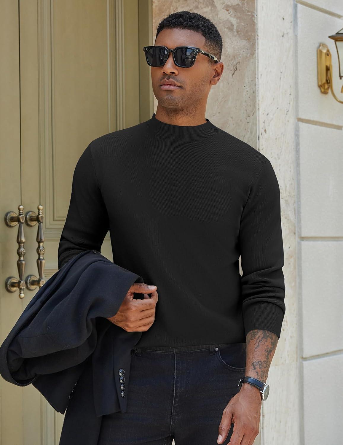 imageCOOFANDY Mens Mock Turtleneck Sweater Long Sleeve Basic Thermal Undershirt Slim Fit Lightweight Pullover SweatersBlack