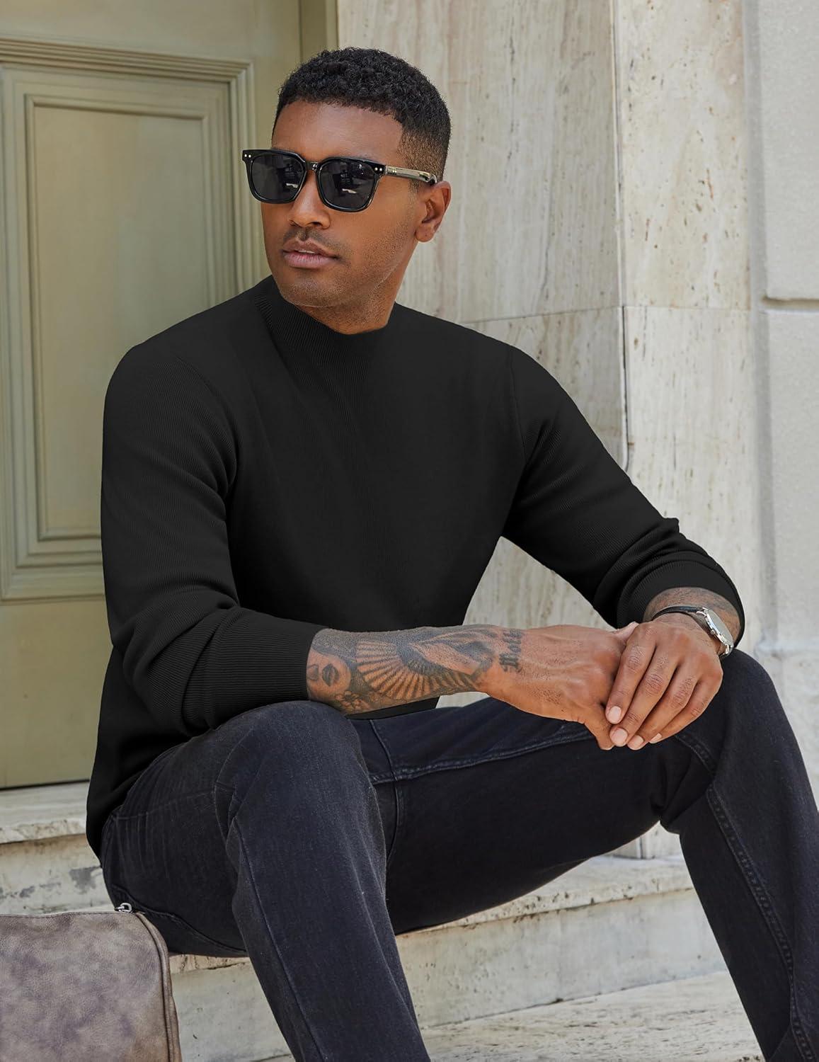imageCOOFANDY Mens Mock Turtleneck Sweater Long Sleeve Basic Thermal Undershirt Slim Fit Lightweight Pullover SweatersBlack