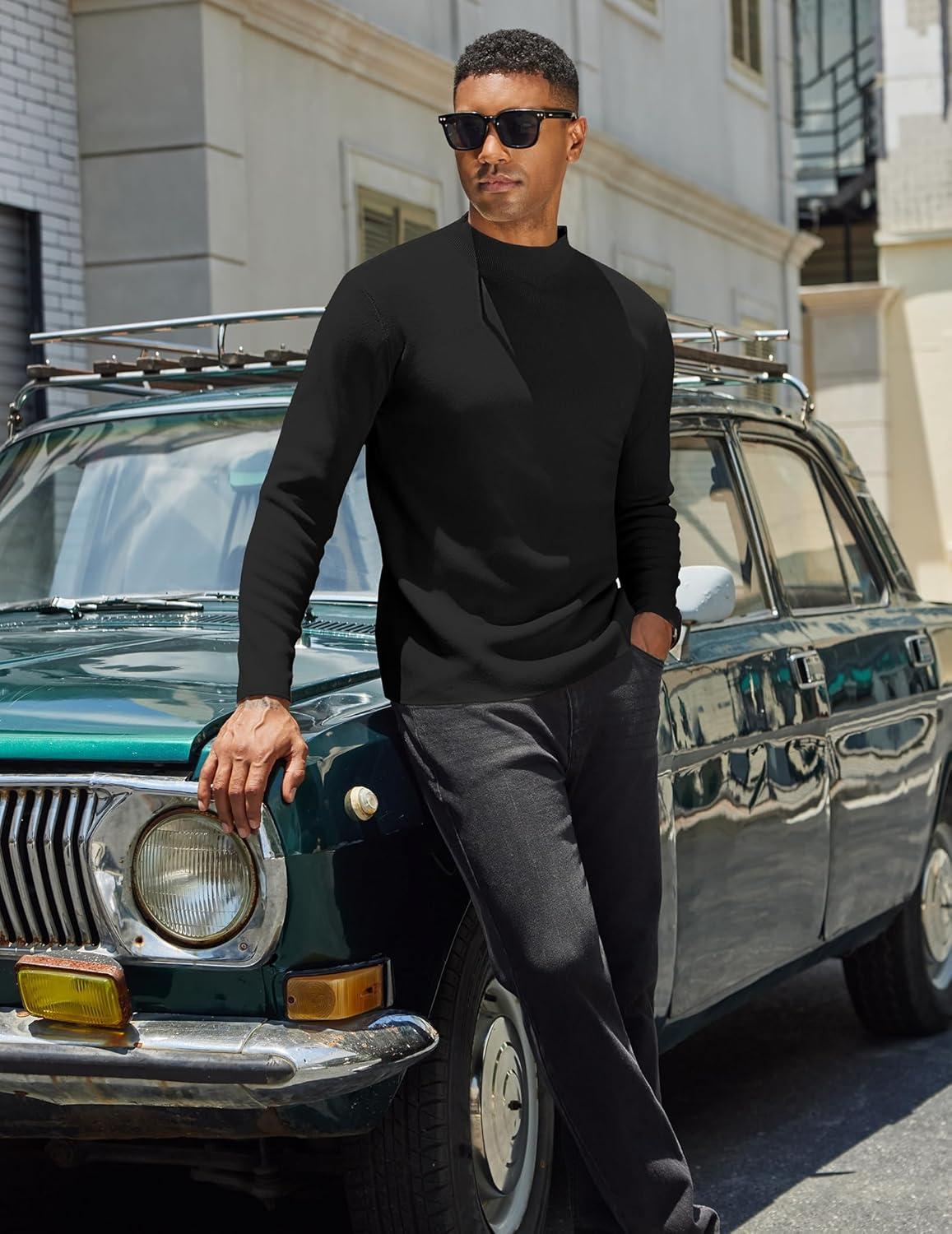 imageCOOFANDY Mens Mock Turtleneck Sweater Long Sleeve Basic Thermal Undershirt Slim Fit Lightweight Pullover SweatersBlack