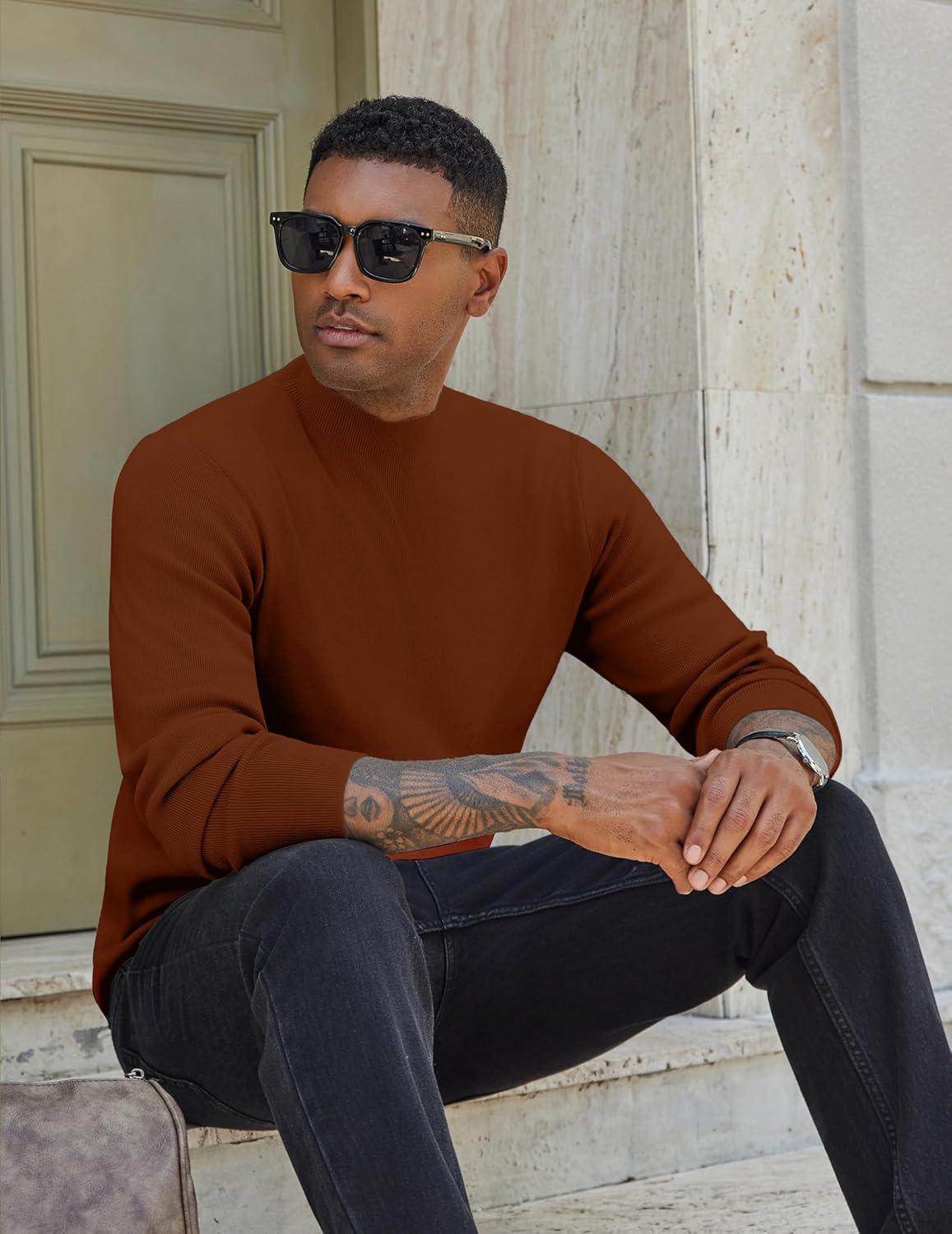 imageCOOFANDY Mens Mock Turtleneck Sweater Long Sleeve Basic Thermal Undershirt Slim Fit Lightweight Pullover SweatersBrown