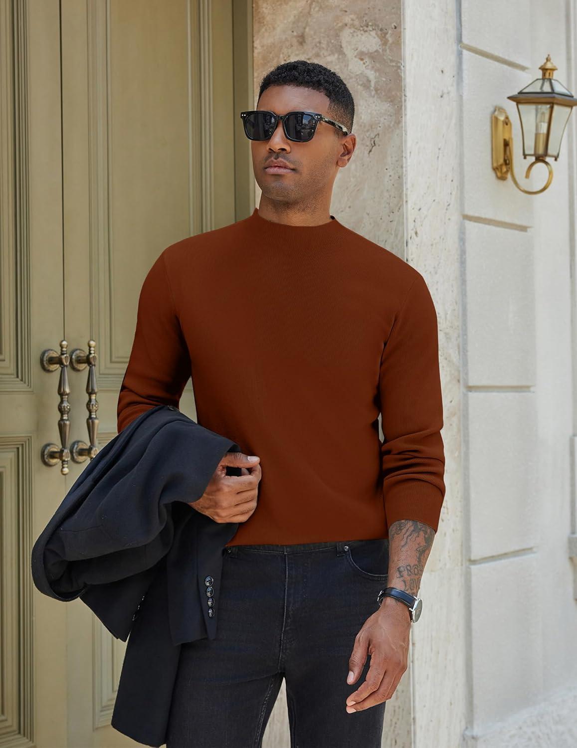 imageCOOFANDY Mens Mock Turtleneck Sweater Long Sleeve Basic Thermal Undershirt Slim Fit Lightweight Pullover SweatersBrown