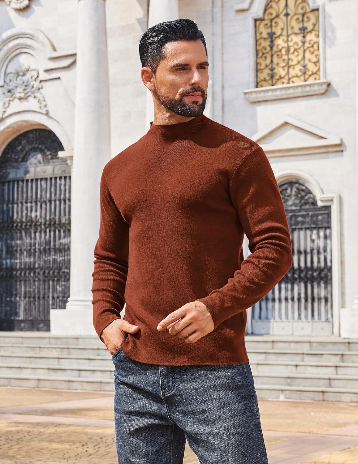 imageCOOFANDY Mens Mock Turtleneck Sweater Long Sleeve Basic Thermal Undershirt Slim Fit Lightweight Pullover SweatersBrown