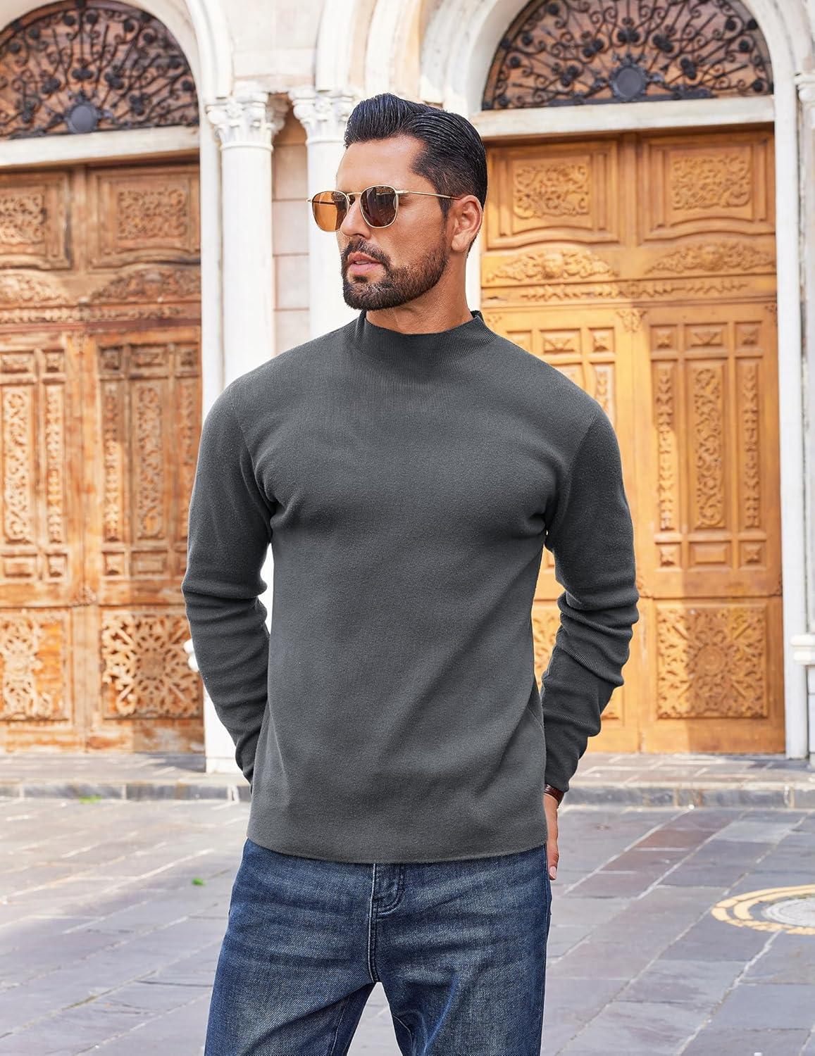 imageCOOFANDY Mens Mock Turtleneck Sweater Long Sleeve Basic Thermal Undershirt Slim Fit Lightweight Pullover SweatersDark Grey