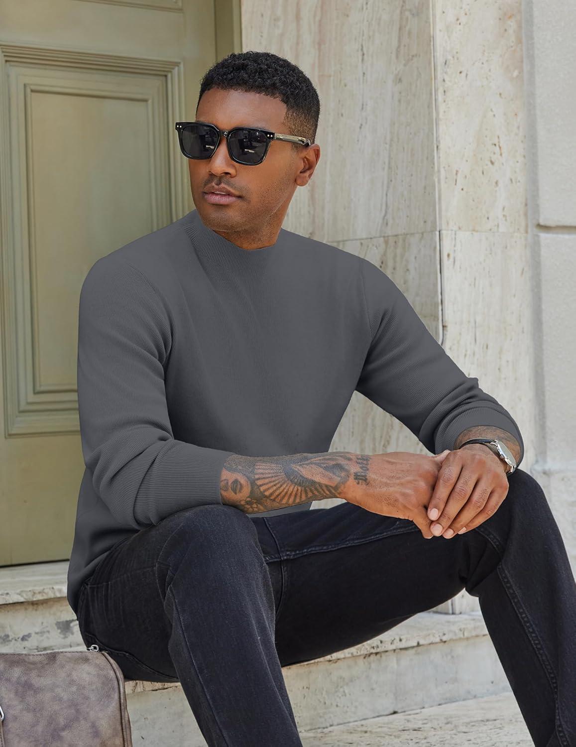 imageCOOFANDY Mens Mock Turtleneck Sweater Long Sleeve Basic Thermal Undershirt Slim Fit Lightweight Pullover SweatersDark Grey