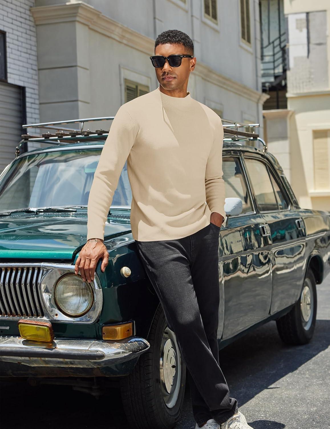imageCOOFANDY Mens Mock Turtleneck Sweater Long Sleeve Basic Thermal Undershirt Slim Fit Lightweight Pullover SweatersKhaki