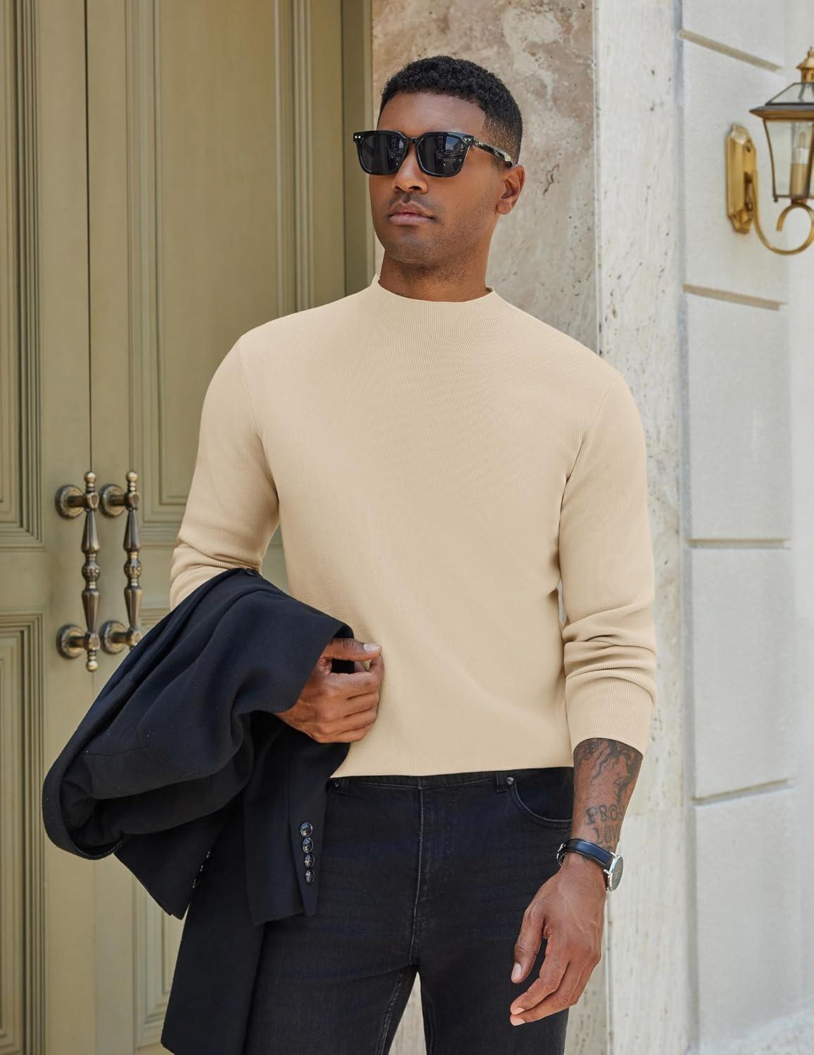 imageCOOFANDY Mens Mock Turtleneck Sweater Long Sleeve Basic Thermal Undershirt Slim Fit Lightweight Pullover SweatersKhaki