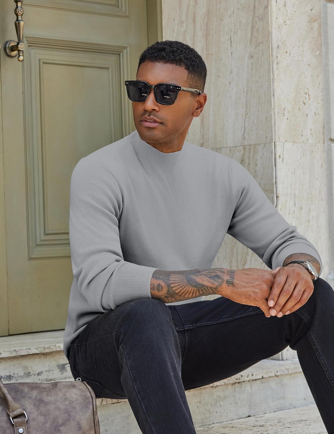 imageCOOFANDY Mens Mock Turtleneck Sweater Long Sleeve Basic Thermal Undershirt Slim Fit Lightweight Pullover SweatersLight Gray