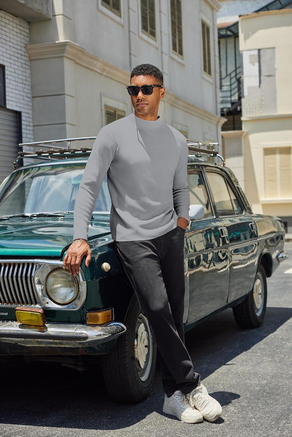 imageCOOFANDY Mens Mock Turtleneck Sweater Long Sleeve Basic Thermal Undershirt Slim Fit Lightweight Pullover SweatersLight Gray