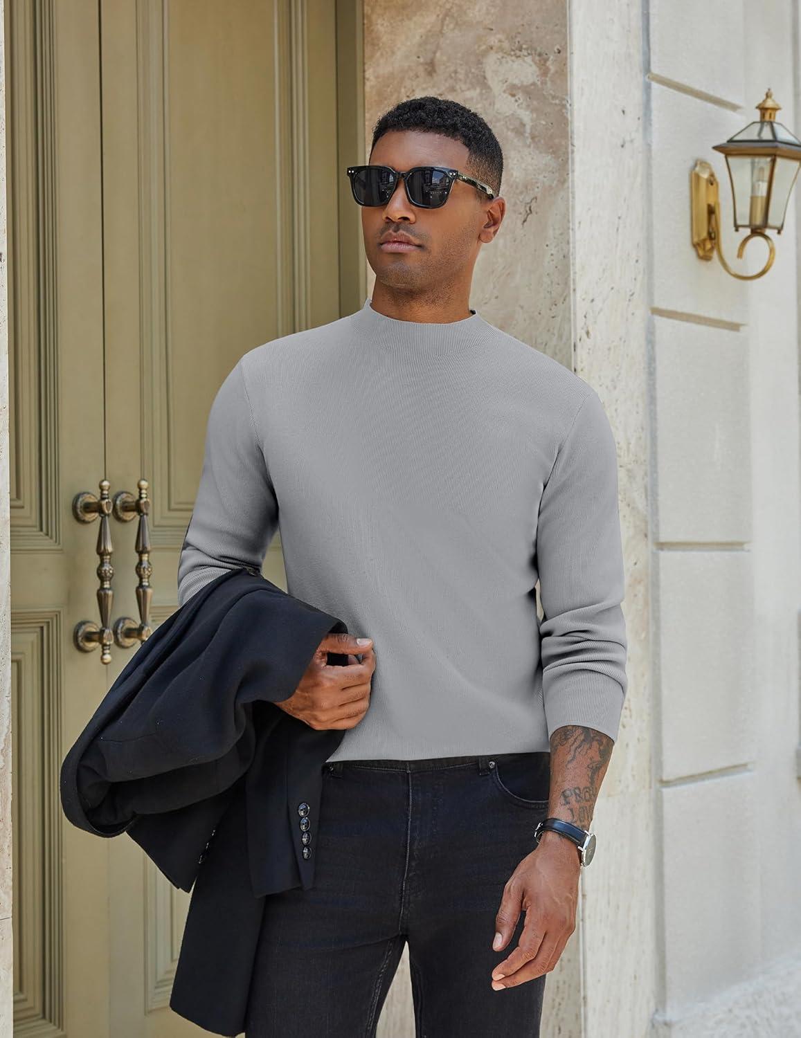 imageCOOFANDY Mens Mock Turtleneck Sweater Long Sleeve Basic Thermal Undershirt Slim Fit Lightweight Pullover SweatersLight Gray