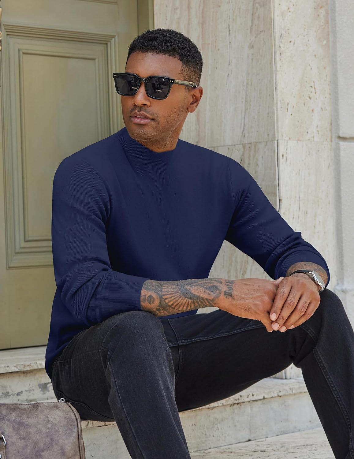 imageCOOFANDY Mens Mock Turtleneck Sweater Long Sleeve Basic Thermal Undershirt Slim Fit Lightweight Pullover SweatersNavy Blue