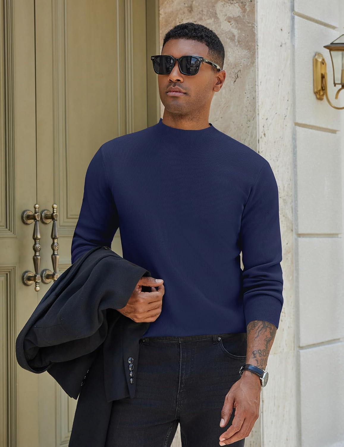 imageCOOFANDY Mens Mock Turtleneck Sweater Long Sleeve Basic Thermal Undershirt Slim Fit Lightweight Pullover SweatersNavy Blue