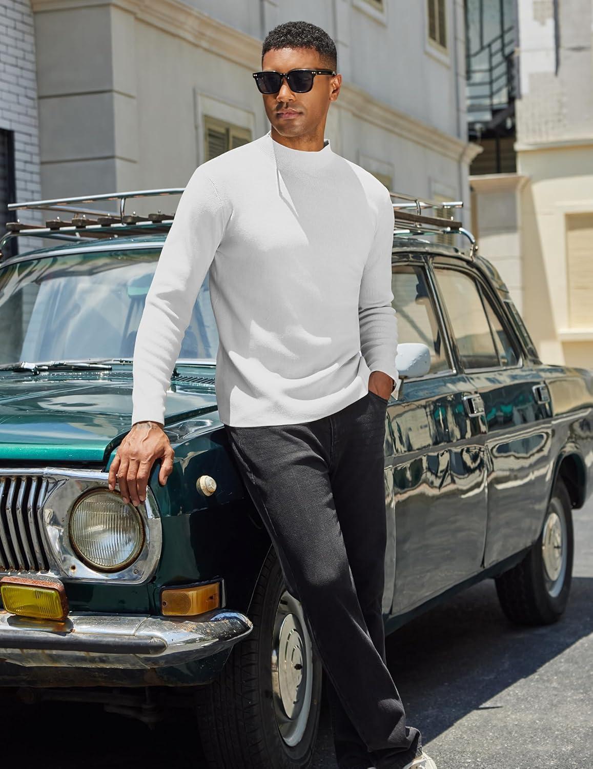 imageCOOFANDY Mens Mock Turtleneck Sweater Long Sleeve Basic Thermal Undershirt Slim Fit Lightweight Pullover SweatersWhite