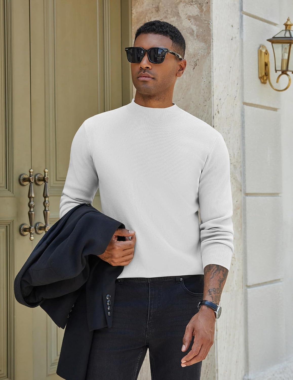 imageCOOFANDY Mens Mock Turtleneck Sweater Long Sleeve Basic Thermal Undershirt Slim Fit Lightweight Pullover SweatersWhite