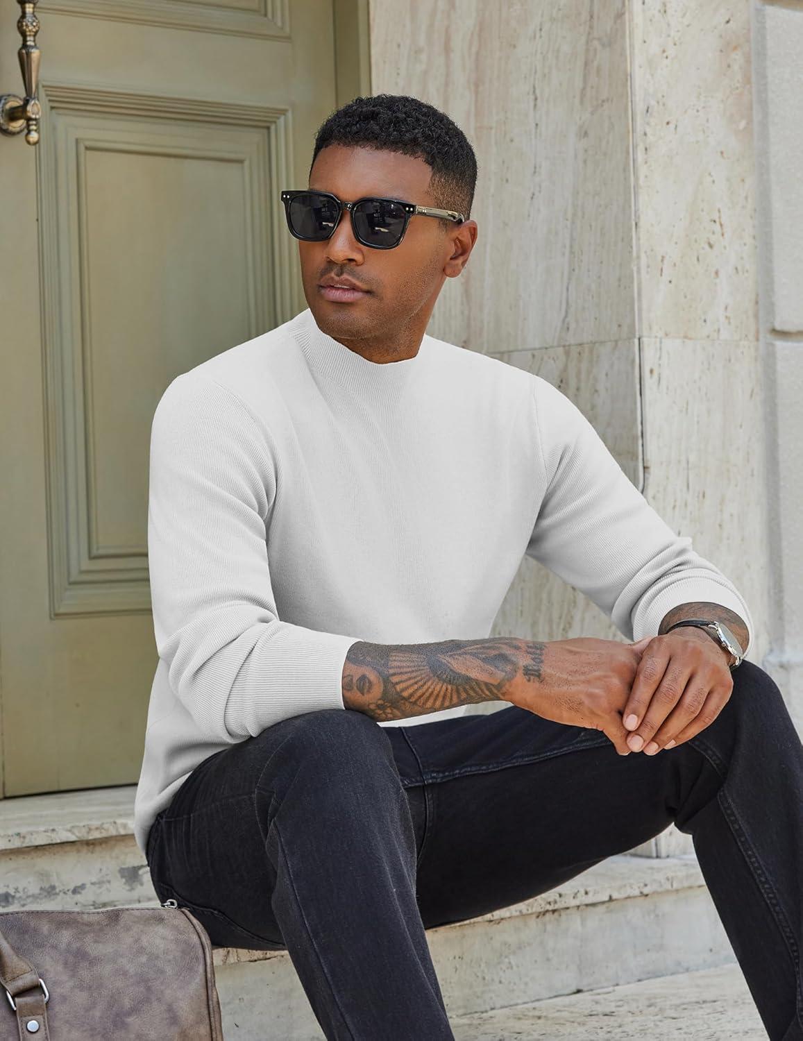 imageCOOFANDY Mens Mock Turtleneck Sweater Long Sleeve Basic Thermal Undershirt Slim Fit Lightweight Pullover SweatersWhite