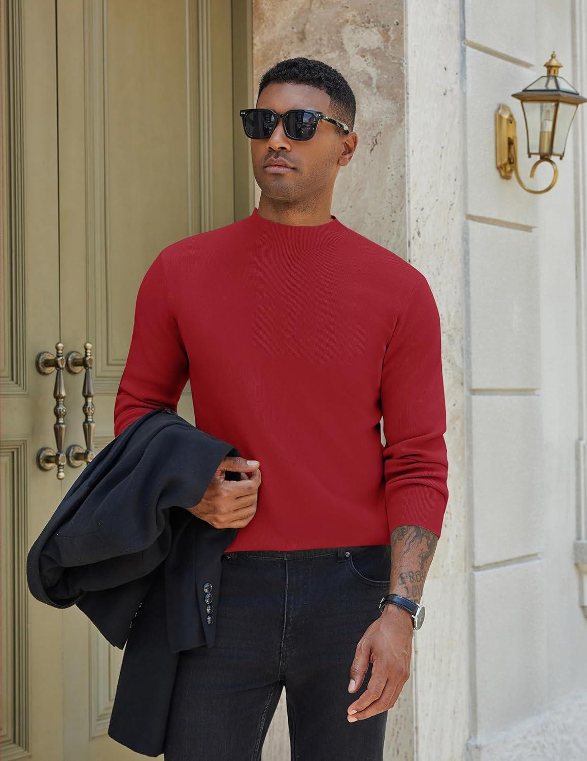 imageCOOFANDY Mens Mock Turtleneck Sweater Long Sleeve Basic Thermal Undershirt Slim Fit Lightweight Pullover SweatersWine Red