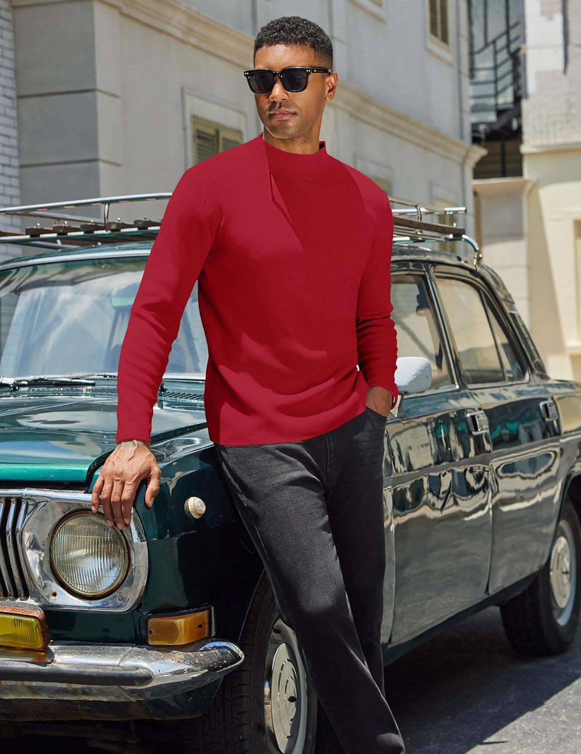 imageCOOFANDY Mens Mock Turtleneck Sweater Long Sleeve Basic Thermal Undershirt Slim Fit Lightweight Pullover SweatersWine Red